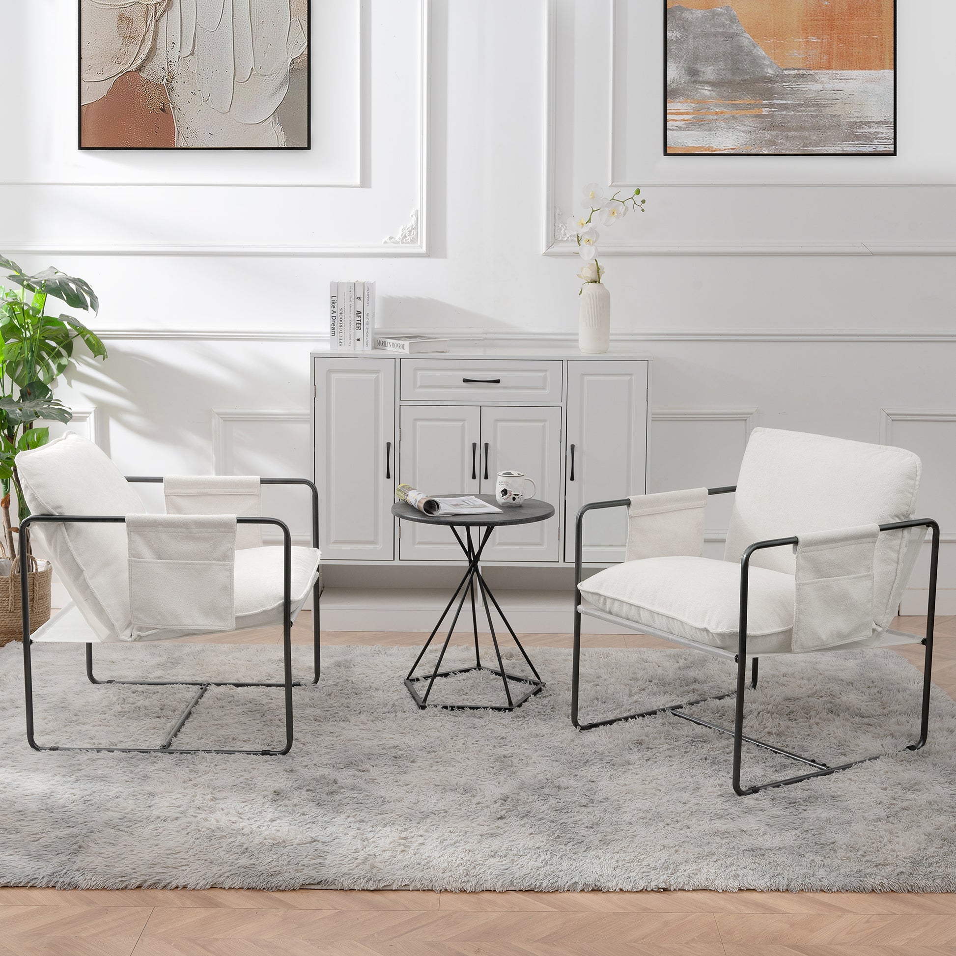 2 Sets 1 Case, Upholstered Hanging Armchair With Arm Pocket Metal Frame, Crushed Foamcushions And Skin Friendly Braid For Living Room And Bedroom. White Color White Foam Polyester