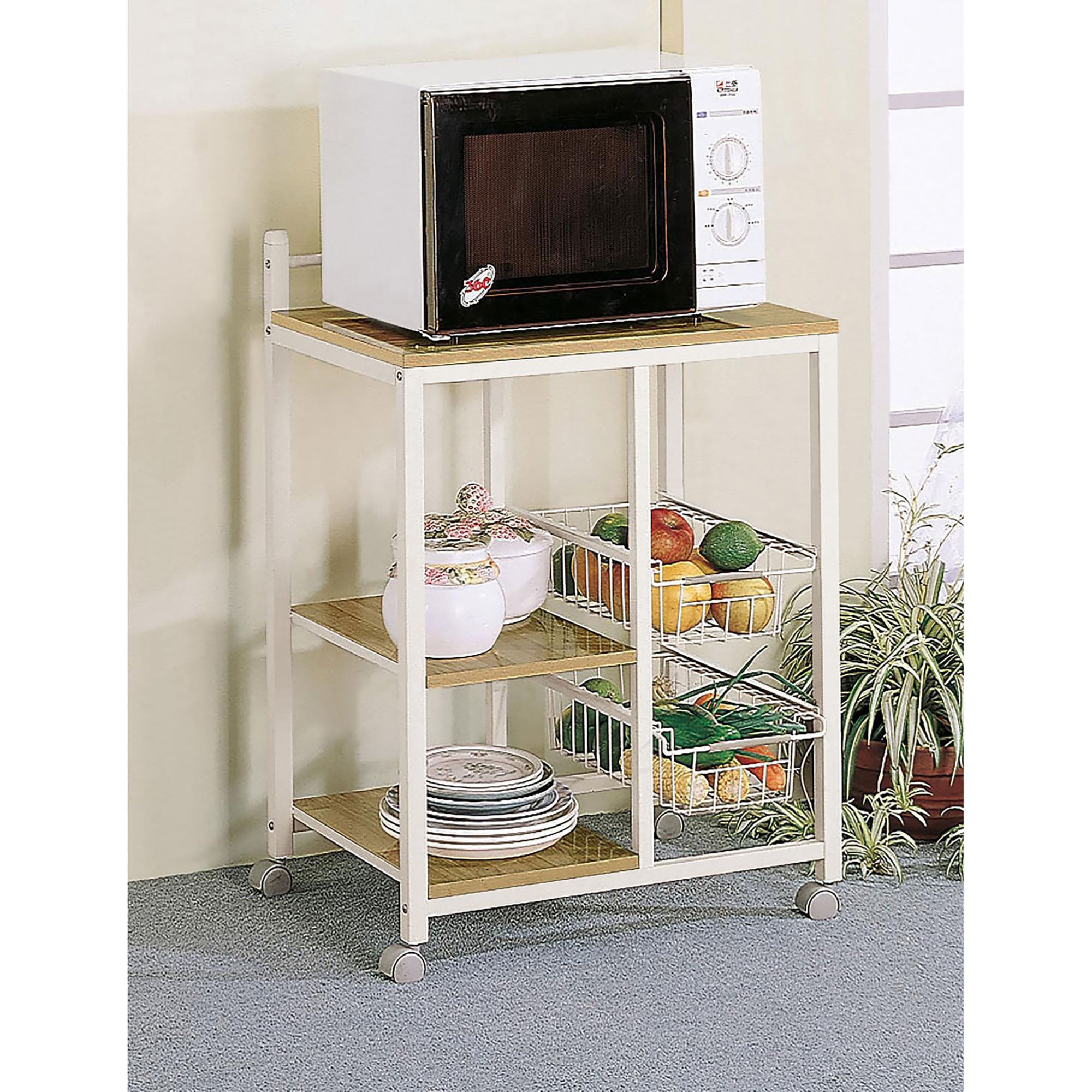 Natural Brown And White Kitchen Cart White Dining Room Contemporary,Modern Rectangular Kitchen Carts Metal Small Less Than 40In