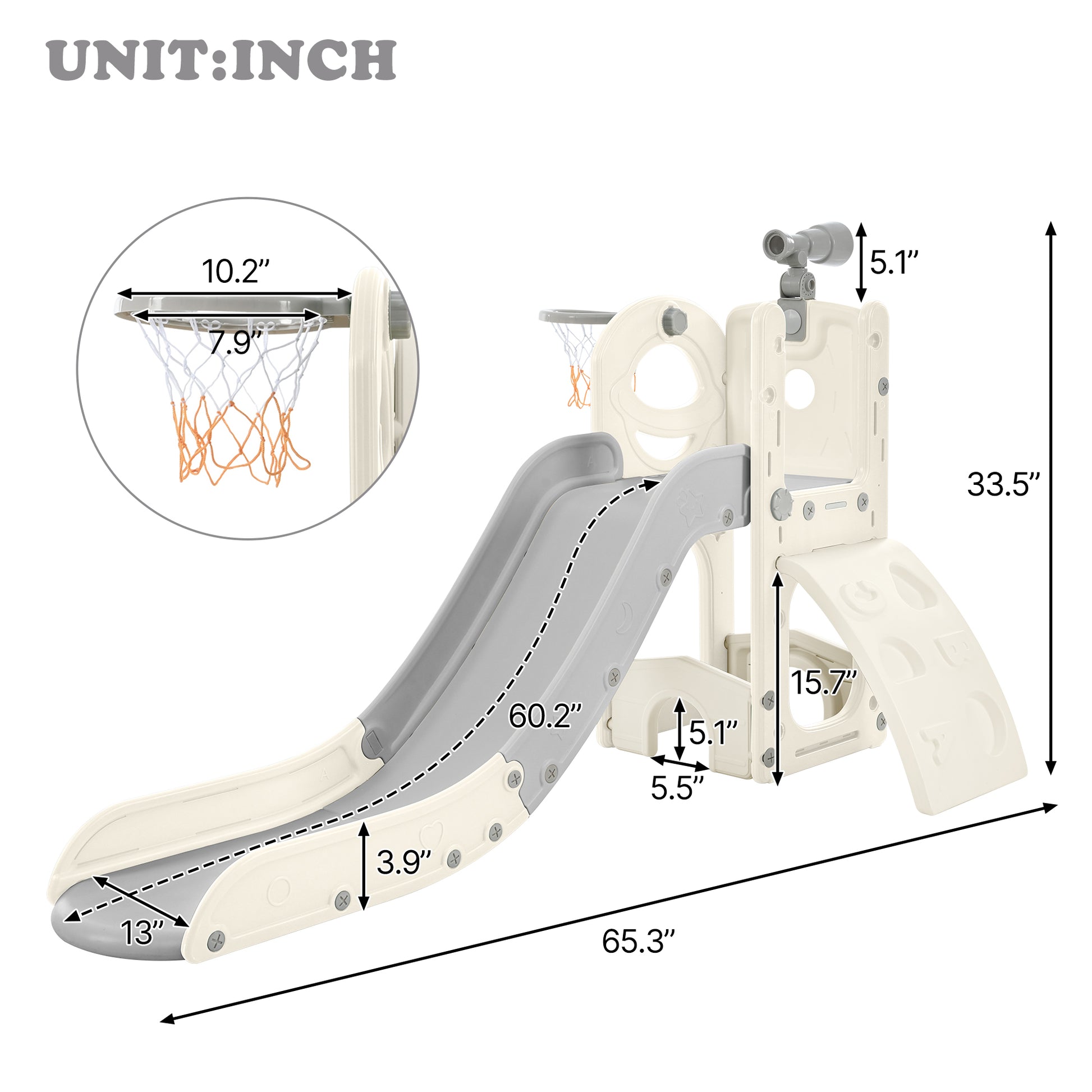 Kids Slide Playset Structure 5 In 1, Freestanding Space Set With Slide, Telescope And Basketball Hoop, Golf Holes For Toddlers, Kids Climbers Playground Grey White Hdpe