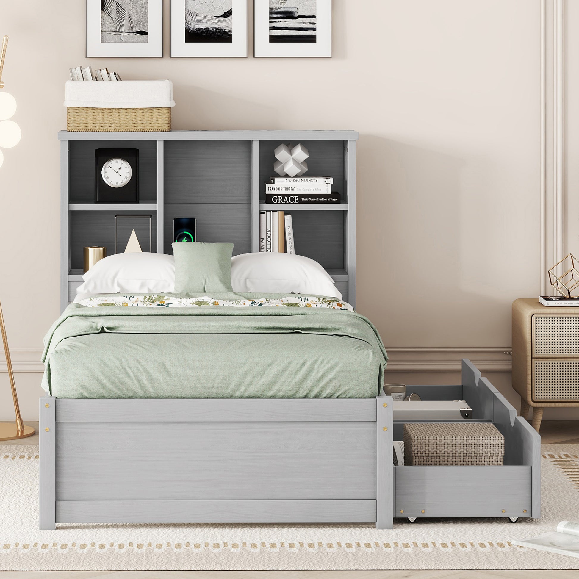 Modern Twin Size Bed Frame With Built In Usb Port On Bookcase Headboard And 2 Drawers For Grey Color Box Spring Not Required Twin Grey Bedroom Bed Frame Particle Board