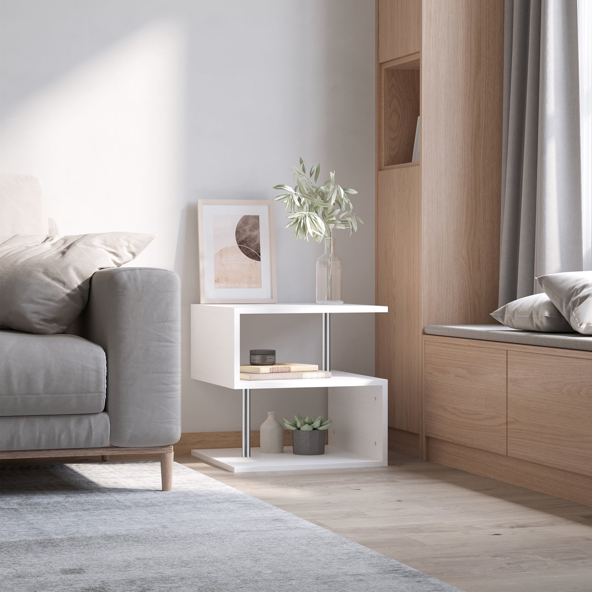 Homcom 20" Modern End Table, Accent Side Table, S Shaped Coffee Table With Storage Shelf And Steel Poles, White White Particle Board