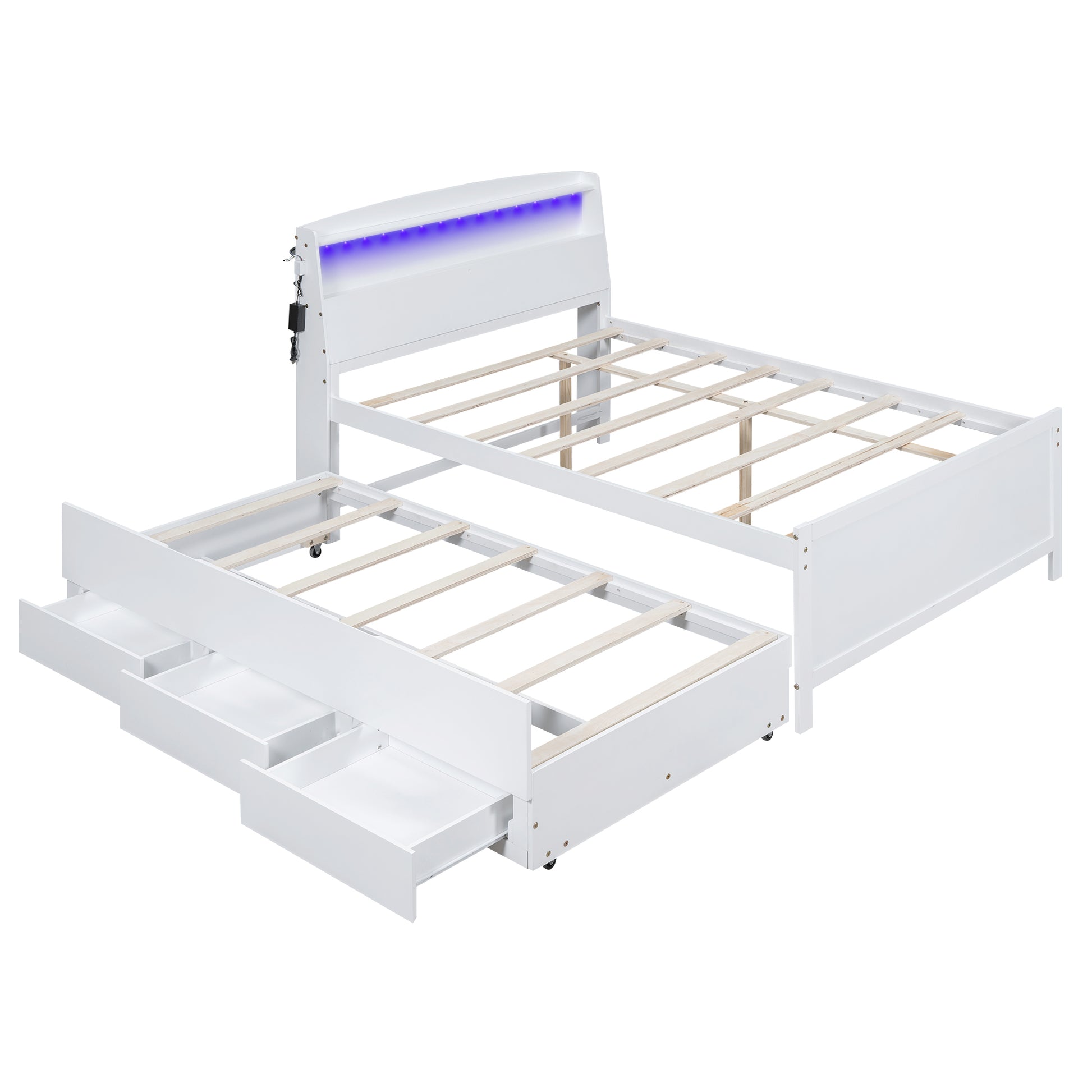 Full Size Platform Bed With Storage Led Headboard, Twin Size Trundle And 3 Drawers, White Box Spring Not Required Full White Bedroom Bed Frame Solid Wood Mdf