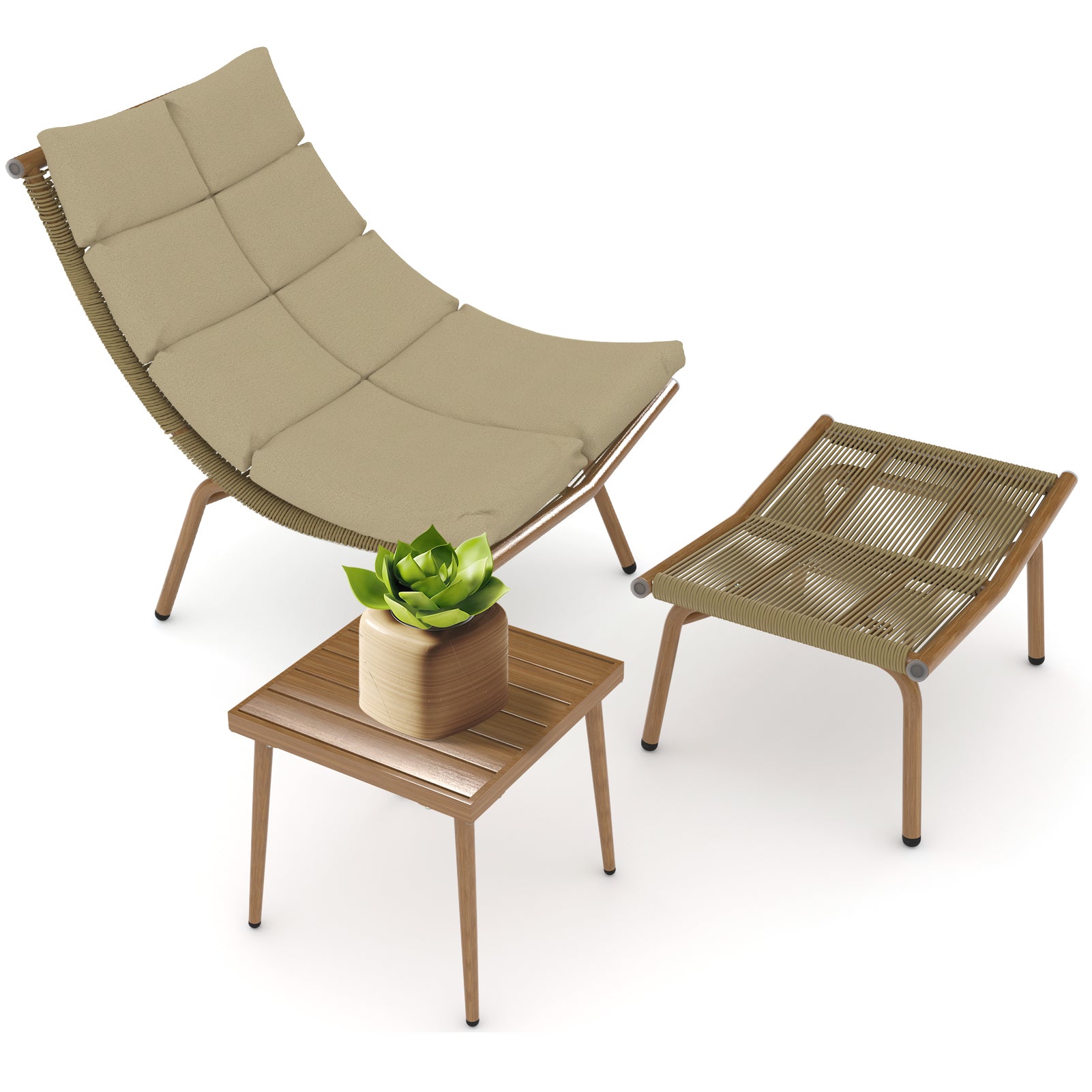 Chaise Lounge Chair With Table For Outdoor Indoor Wood Color Alloy Frame 380Lbs Capacity With Cushion Recliner For Camping Gaming Lunch Break Garden Party Sunbathing Wood Iron