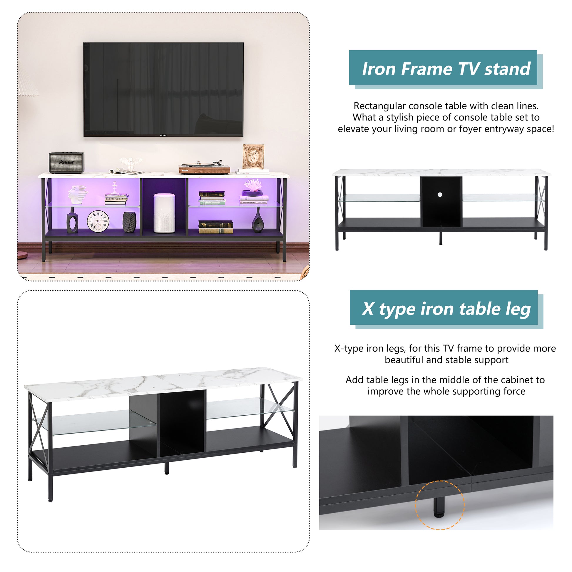 Tv Stand,Iron Tv Cabinet,Entertainment Center, Tv Set, Media Console, With Led Lights, Remote Control,Toughened Glass Stand,Can Be Placed In The Living Room, Bedroom, Color:White With Marble Texture White Primary Living Space 60 69 Inches 60 69 Inches 65