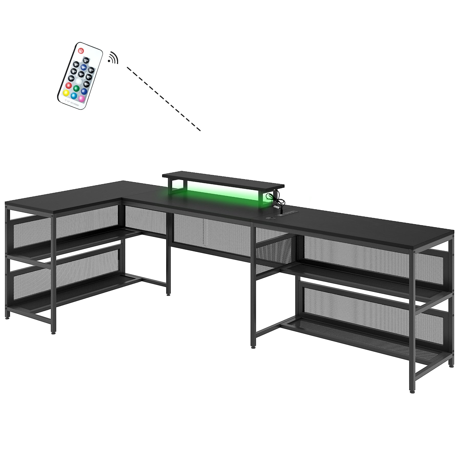 U Shaped Desk With Shelve And Led Lights Black Mdf