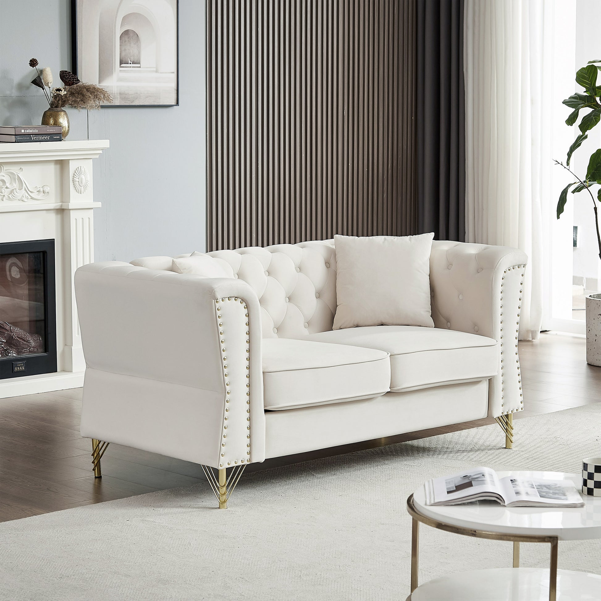 3 Seater 2 Seater Combination Sofa Tufted Couch With Rolled Arms And For Living Room, Bedroom, Office, Apartment, Four Pillows Beige Foam Velvet