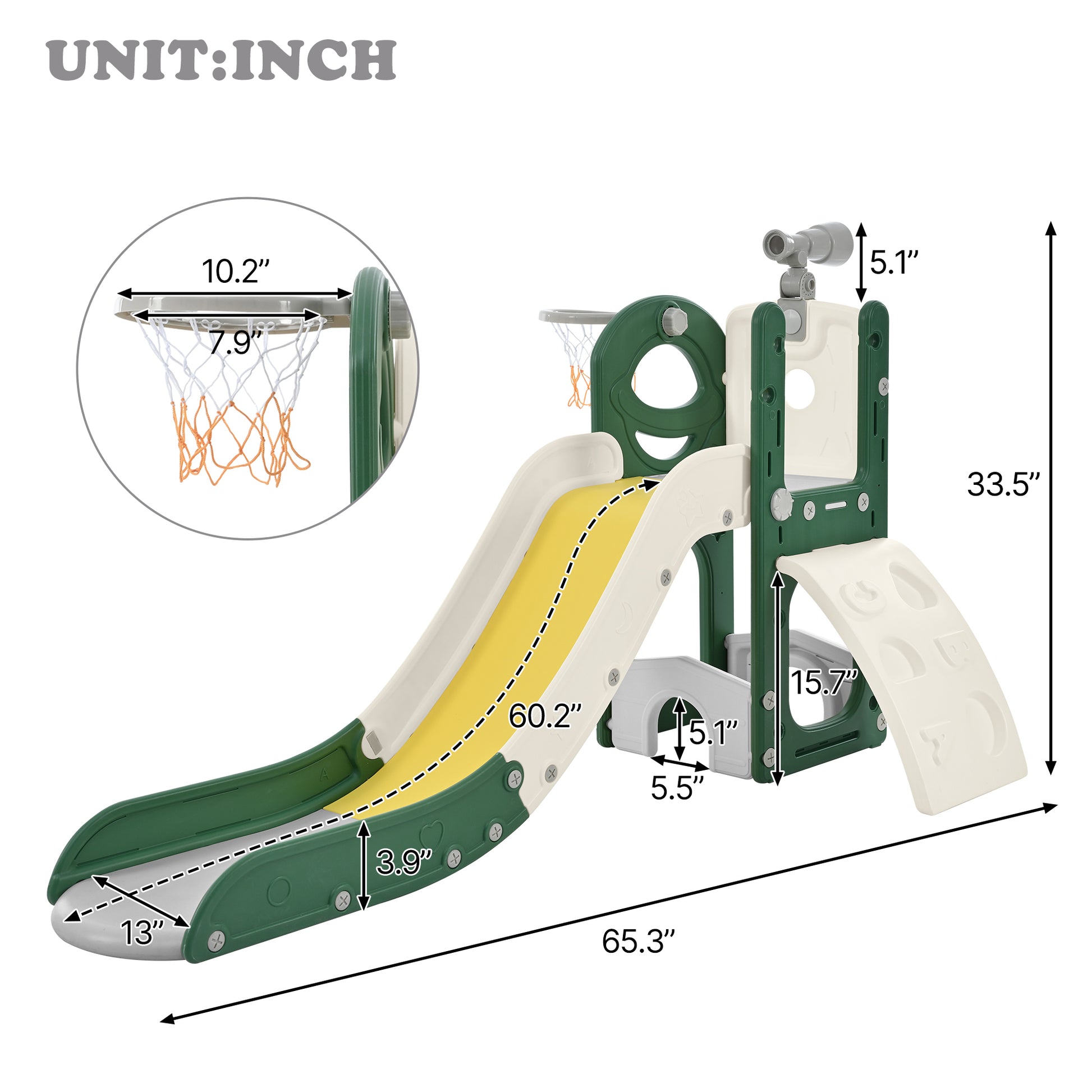 Kids Slide Playset Structure 5 In 1, Freestanding Space Set With Slide, Telescope And Basketball Hoop, Golf Holes For Toddlers, Kids Climbers Playground Yellow Hdpe
