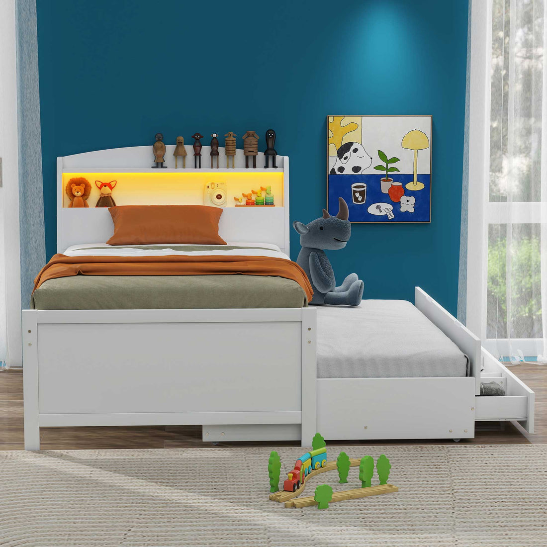 Twin Size Platform Bed With Storage Led Headboard, Twin Size Trundle And 3 Drawers, White Box Spring Not Required Twin White Bedroom Bed Frame Solid Wood Mdf