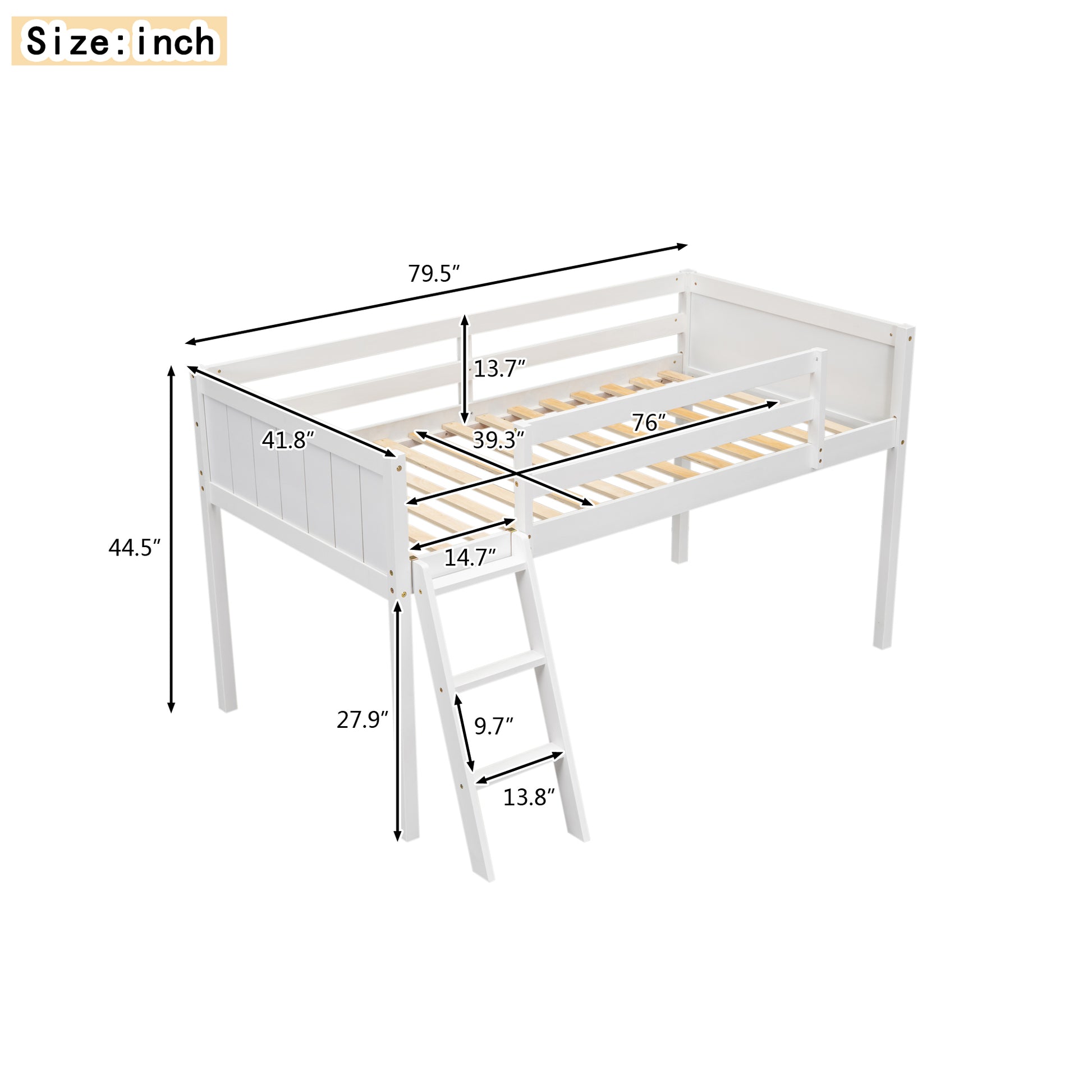 Twin Size Wood Low Loft Bed With Ladder, Ladder Can Be Placed On The Left Or Right, White Box Spring Not Required Twin White Wood Bedroom Solid Wood Mdf