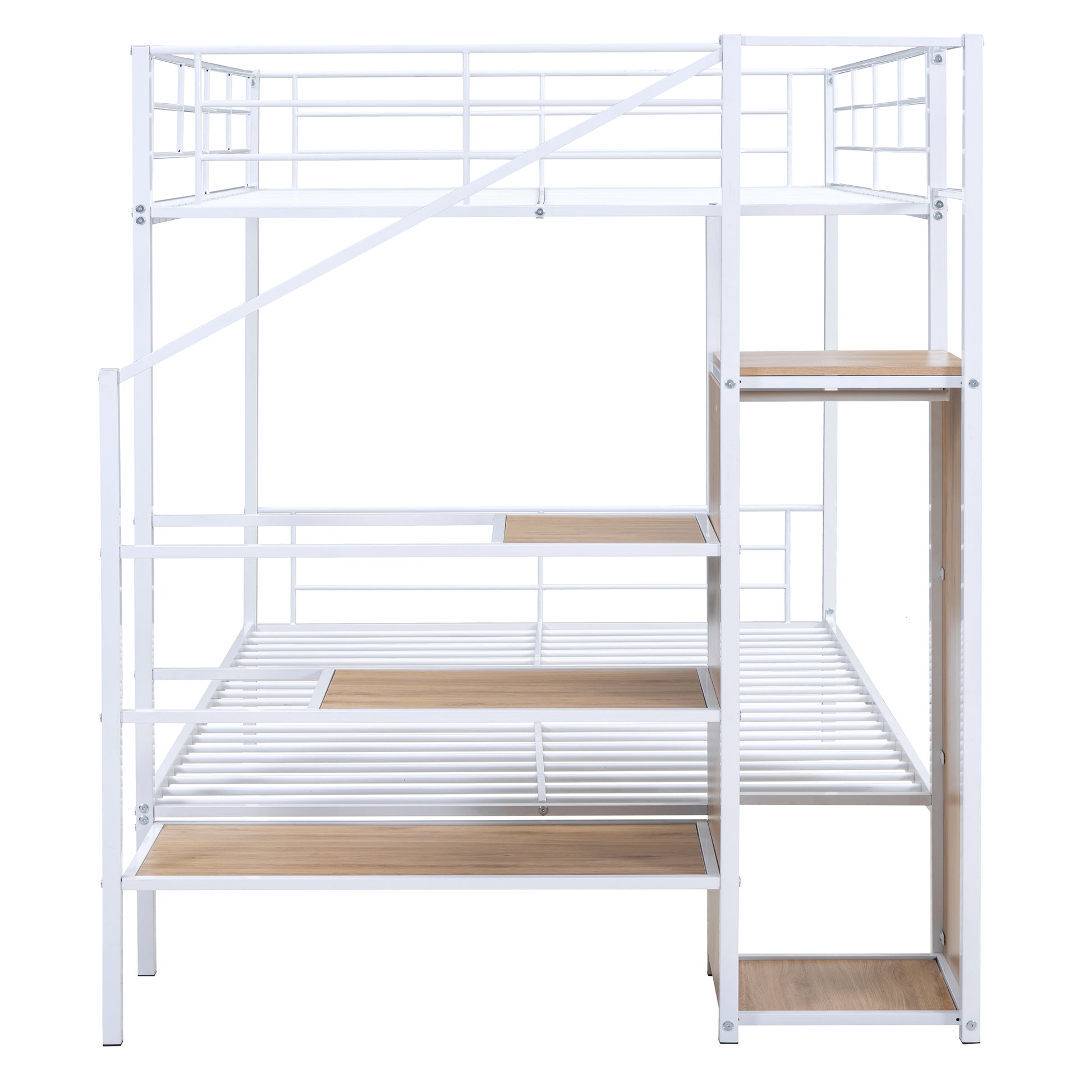 Full Over Full Metal Bunk Bed With Lateral Storage Ladder And Wardrobe, White White Iron