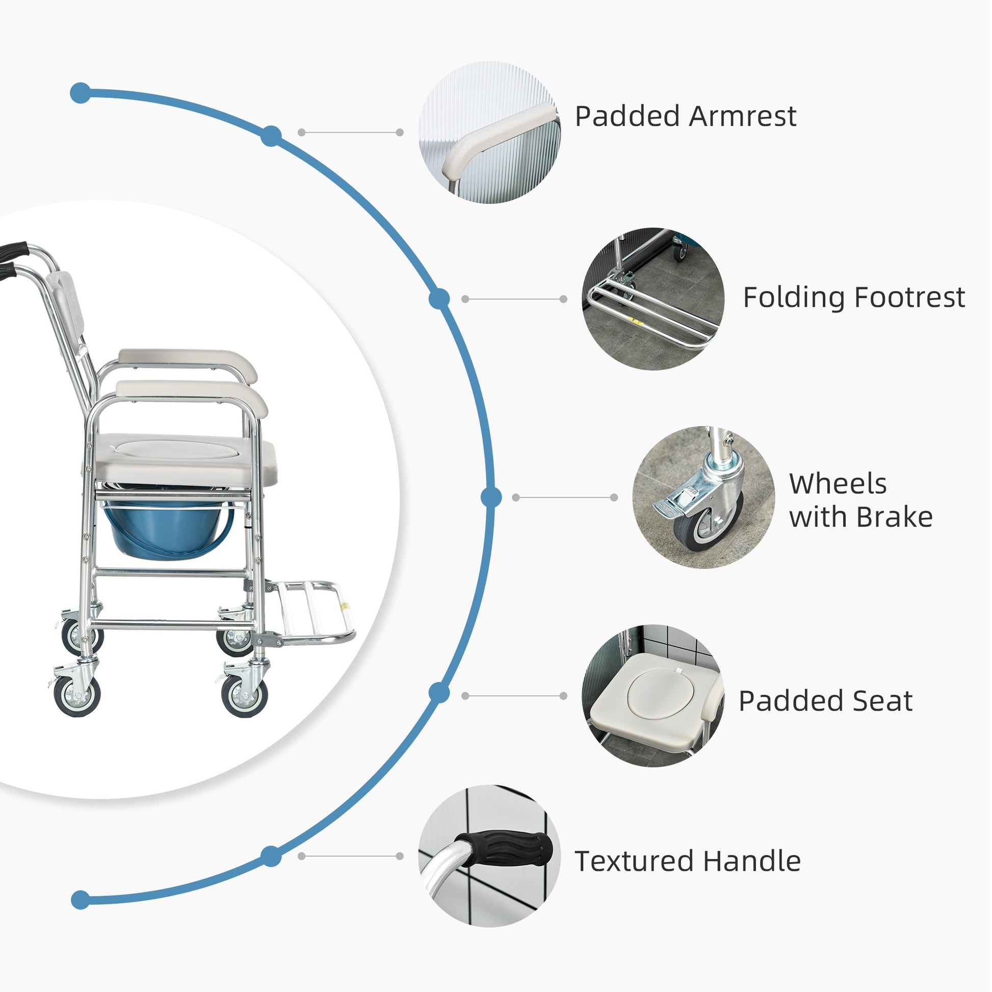 Homcom 3 In 1 Shower Commode Wheelchair, Transport Beside Commode Chair, Waterproof Rolling Over Toilet Chair 330 Lbs. Weight Capacity With Padded Seat, Gray Gray Aluminum