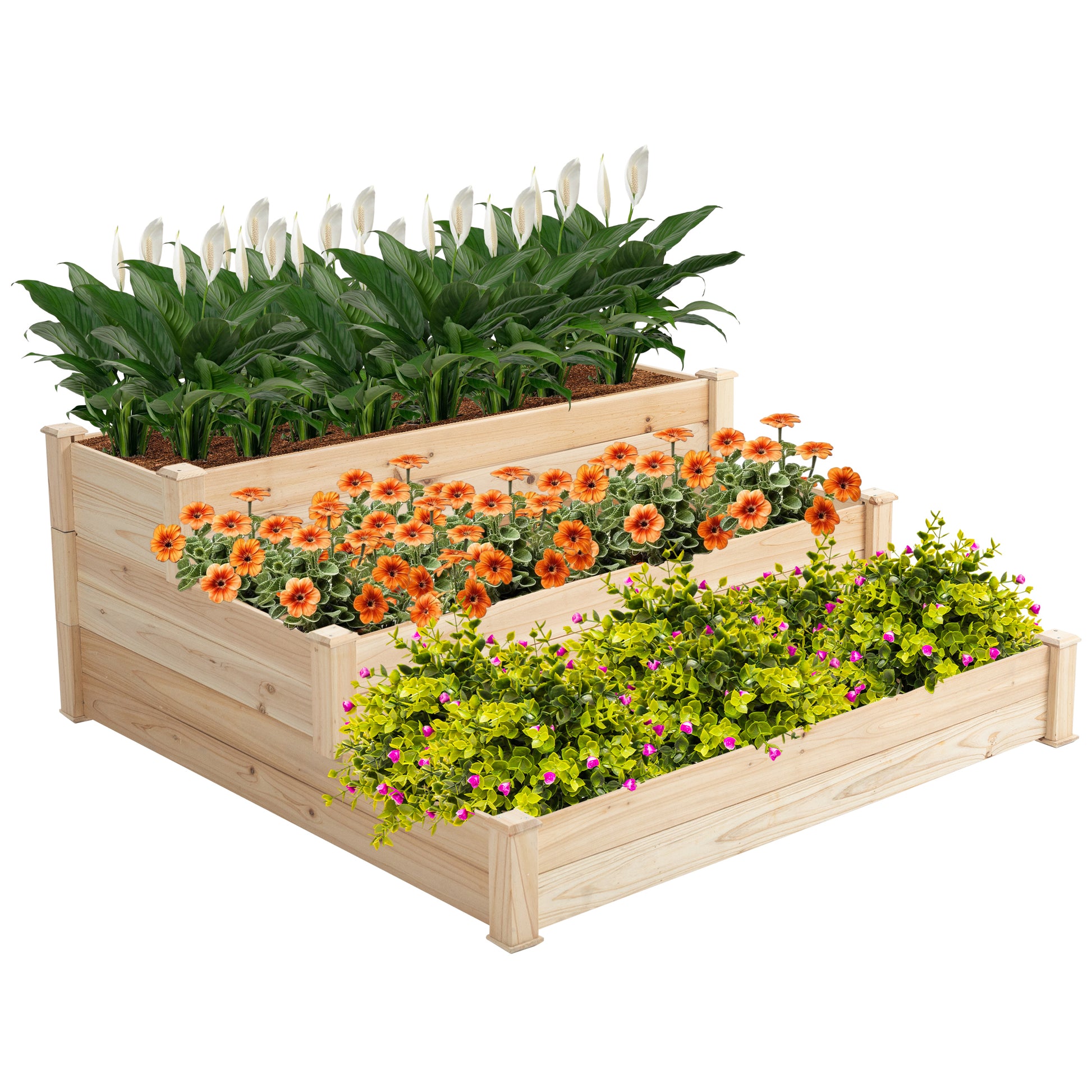 48.6 X 48.6 X 21In Raised Garden Bed Horticulture Outdoor Elevated Flower Box Tiered Garden Bed Wooden Vegetables Growing Planter For Backyard Patio Gardener Natural Natural Solid Wood