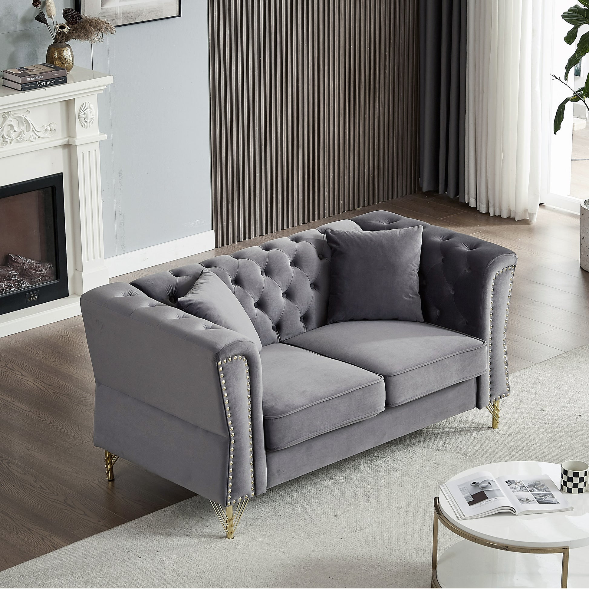 3 Seater 2 Seater Combination Sofa Tufted Couch With Rolled Arms And For Living Room, Bedroom, Office, Apartment, Four Pillows Grey Foam Velvet