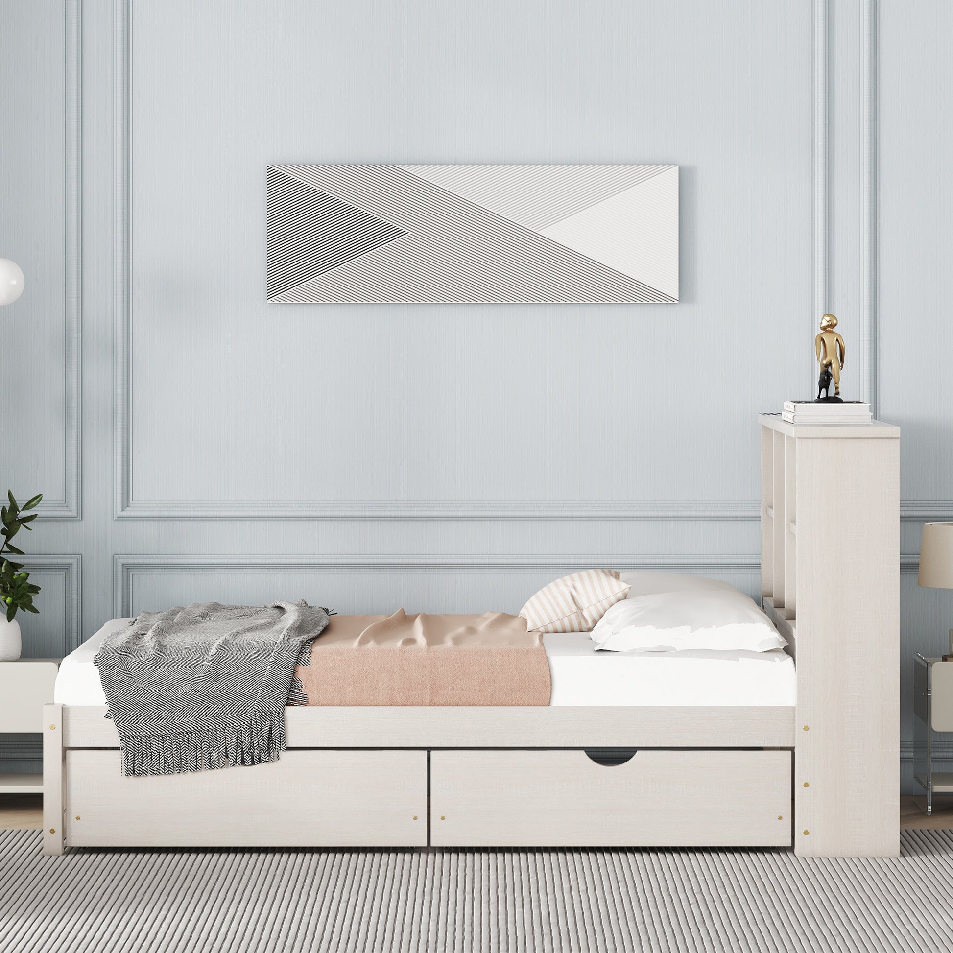 Modern Twin Size Bed Frame With Built In Usb Port On Bookcase Headboard And 2 Drawers For White Washed Color Box Spring Not Required Twin White Washed Bedroom Bed Frame Particle Board