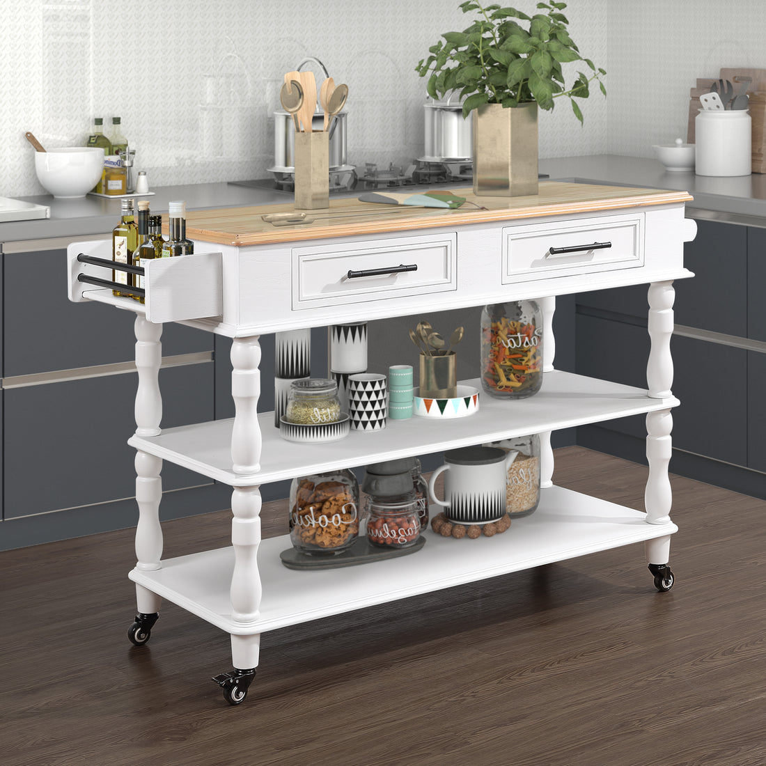 56 Inch Rolling Kitchen Island With Storage,Kitchen Cart With Solid Oak Wood Top,Two Sided Kitchen Island Cart On Wheels ,Wine And Spice Rack, Large Kitchen Cart With 2 Drawers, Milk White Natural Top Milk White Dining Room American Design,Antique