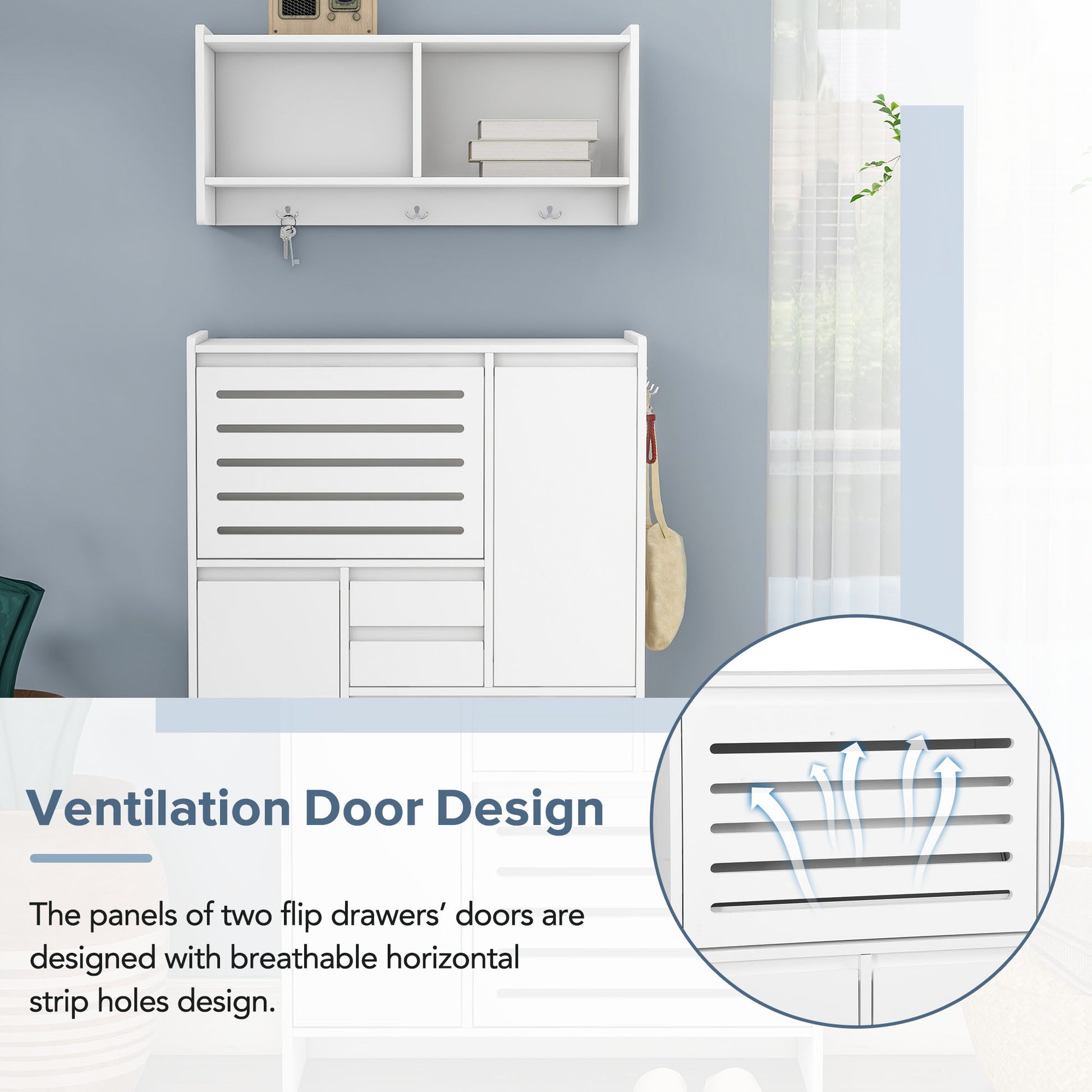 Multi Functional Shoe Cabinet With Wall Cabinet, Space Saving Design Foyer Cabinet With 2 Flip Drawers, Versatile Side Cabinet For Hallway, White White Primary Living Space Particle Board