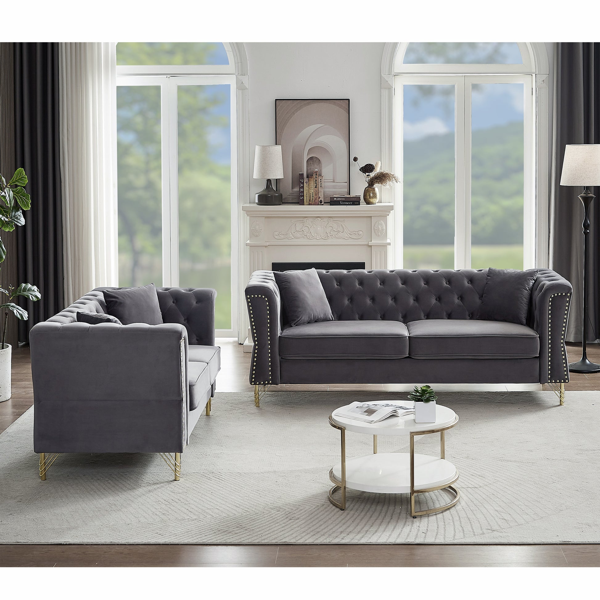 3 Seater 2 Seater Combination Sofa Tufted Couch With Rolled Arms And For Living Room, Bedroom, Office, Apartment, Four Pillows Grey Foam Velvet