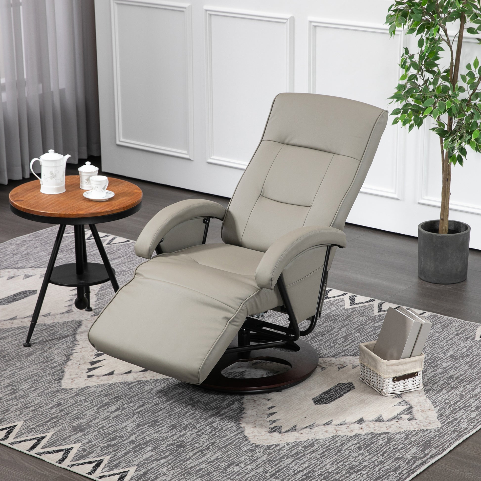 Homcom Pu Recliner With Footrest, Lounge Chair With 135 Adjustable Backrest, Swivel Wood Base, Padded Seat & Armrests For Living Room, Gray Gray Pu