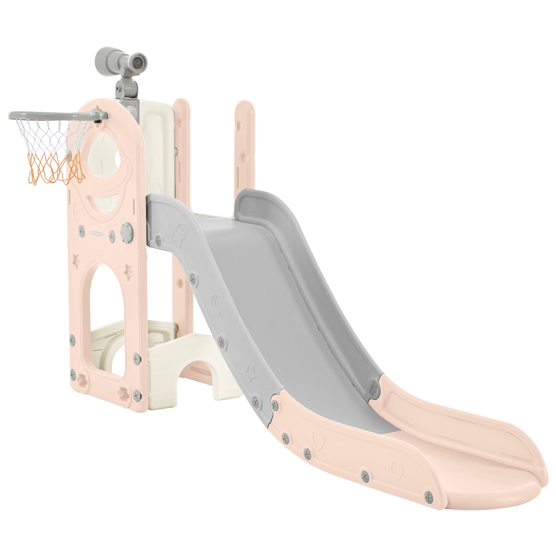 Kids Slide Playset Structure 5 In 1, Freestanding Space Set With Slide, Telescope And Basketball Hoop, Golf Holes For Toddlers, Kids Climbers Playground Pink Grey Hdpe