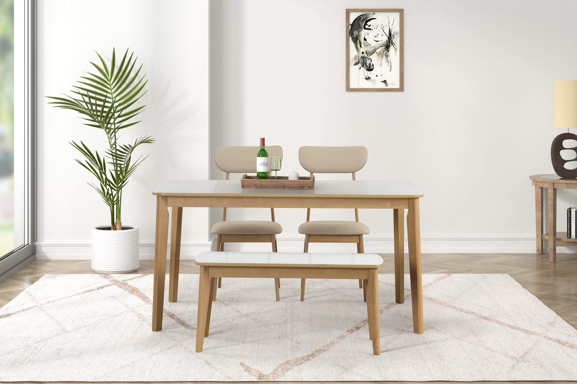 6 Piece Dining Table Set, One Table One Bench And Four Chairs, High Gloss White Tabletop With Light Oak Color Creamy White,White Light Oak Seats 6 Dining Room 60 Inches Rubberwood 4 Leg Rectangular Dining Table With Chair And Bench Mdf,Pu,Pvc,Rubber Wood