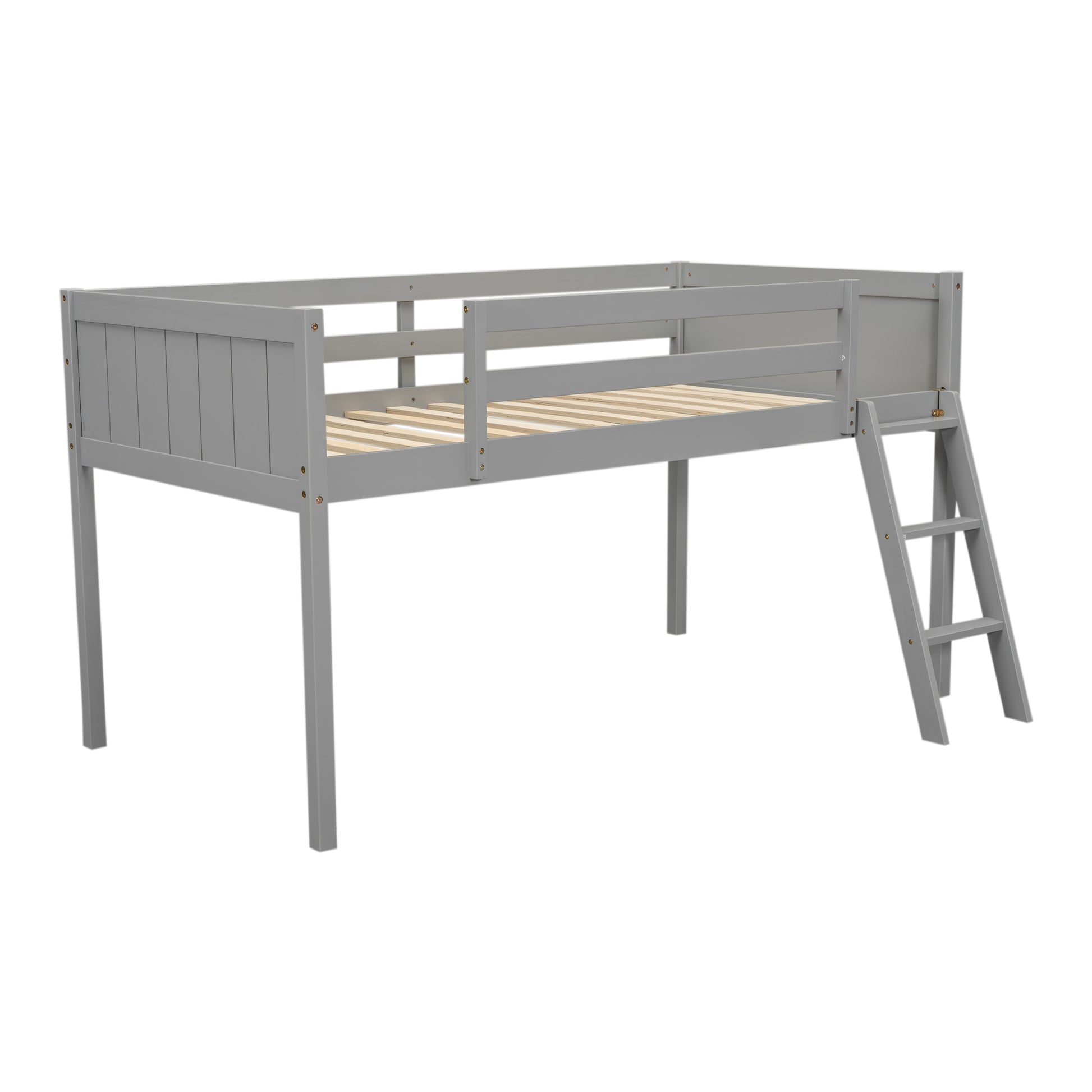 Twin Size Wood Low Loft Bed With Ladder, Ladder Can Be Placed On The Left Or Right, Gray Box Spring Not Required Twin Gray Wood Bedroom Solid Wood Mdf