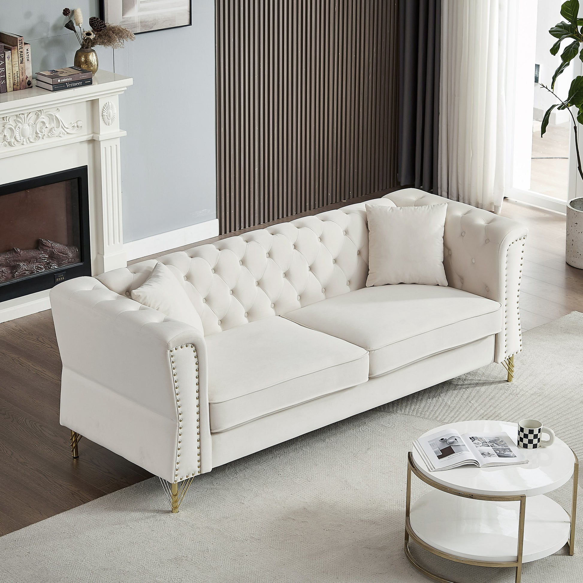3 Seater 2 Seater Combination Sofa Tufted Couch With Rolled Arms And For Living Room, Bedroom, Office, Apartment, Four Pillows Beige Foam Velvet