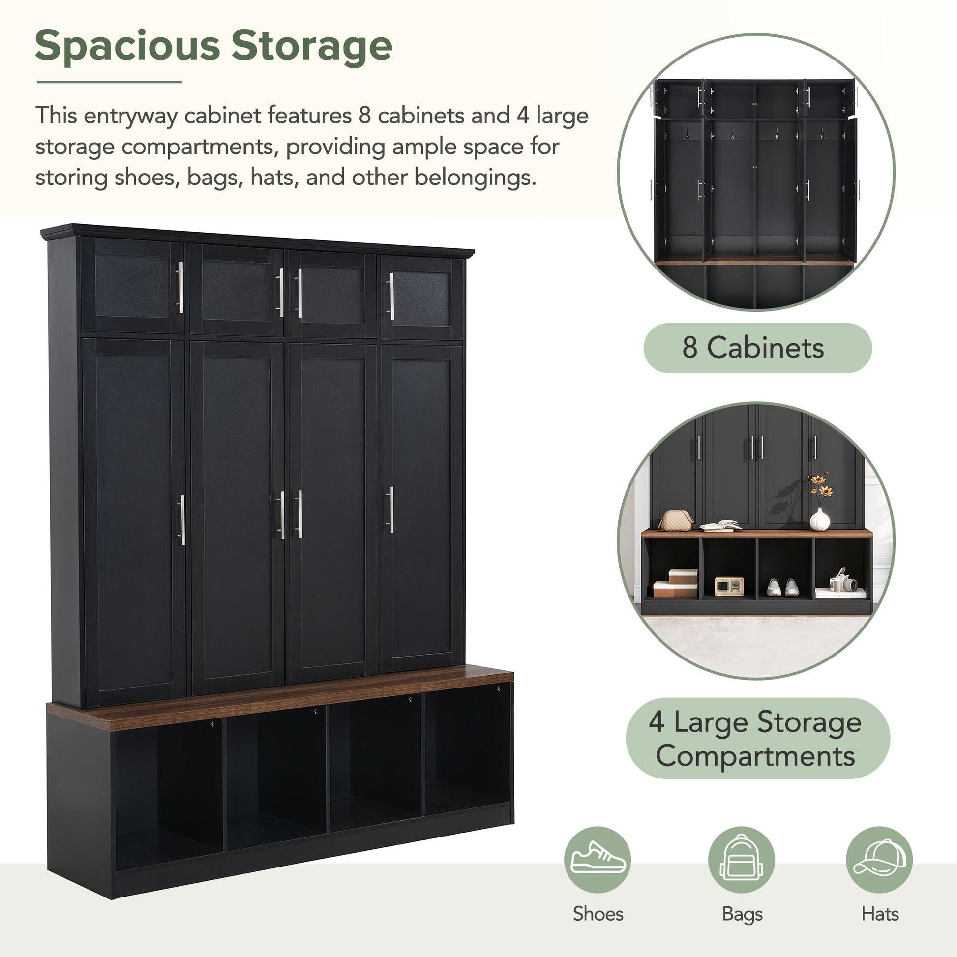 Multi Functional Hall Tree With 4 Hidden Hanging Hooks, Brown Wood Grain Bench With Multiple Storage Space, Entryway Cabinet With Open Compartments For Living Room, Hallway, Black Black Primary Living Space Particle Board