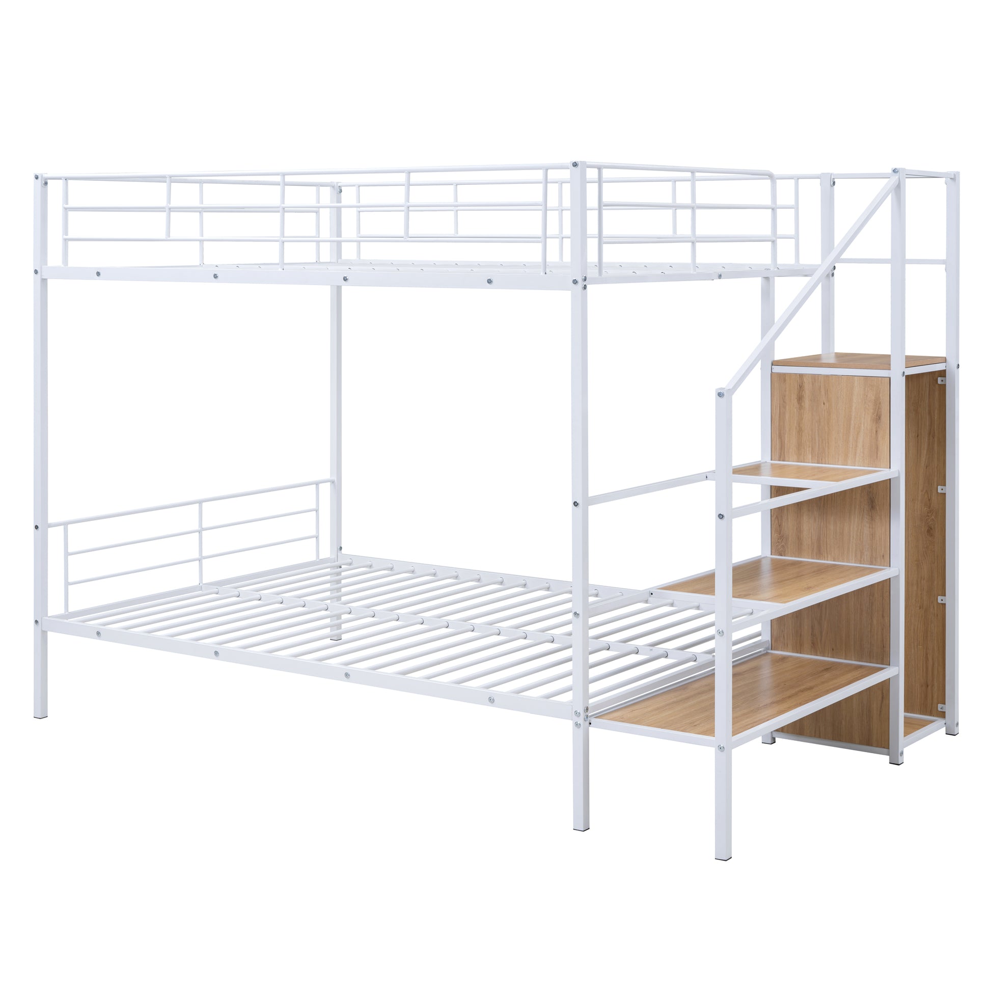 Full Over Full Metal Bunk Bed With Lateral Storage Ladder And Wardrobe, White White Iron