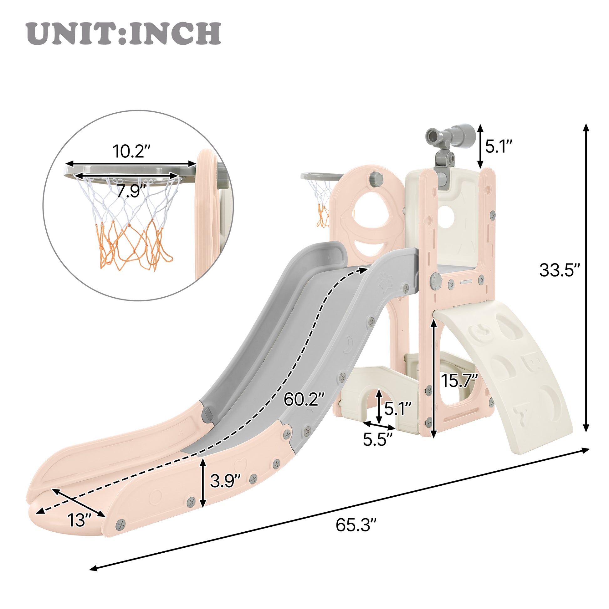 Kids Slide Playset Structure 5 In 1, Freestanding Space Set With Slide, Telescope And Basketball Hoop, Golf Holes For Toddlers, Kids Climbers Playground Pink Grey Hdpe