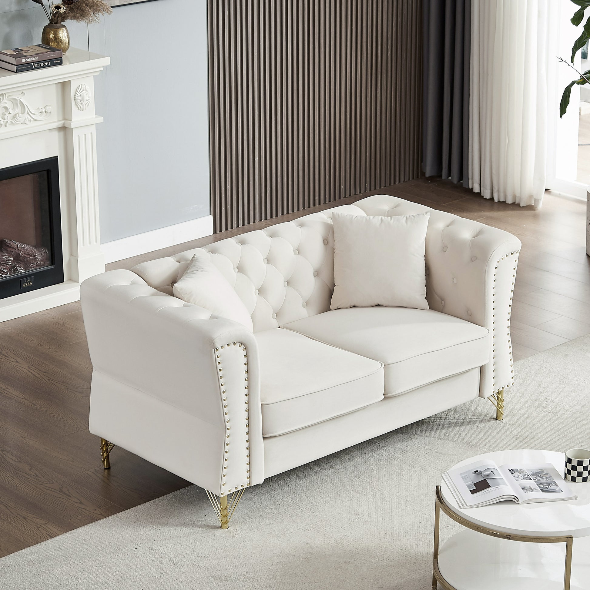 3 Seater 2 Seater Combination Sofa Tufted Couch With Rolled Arms And For Living Room, Bedroom, Office, Apartment, Four Pillows Beige Foam Velvet