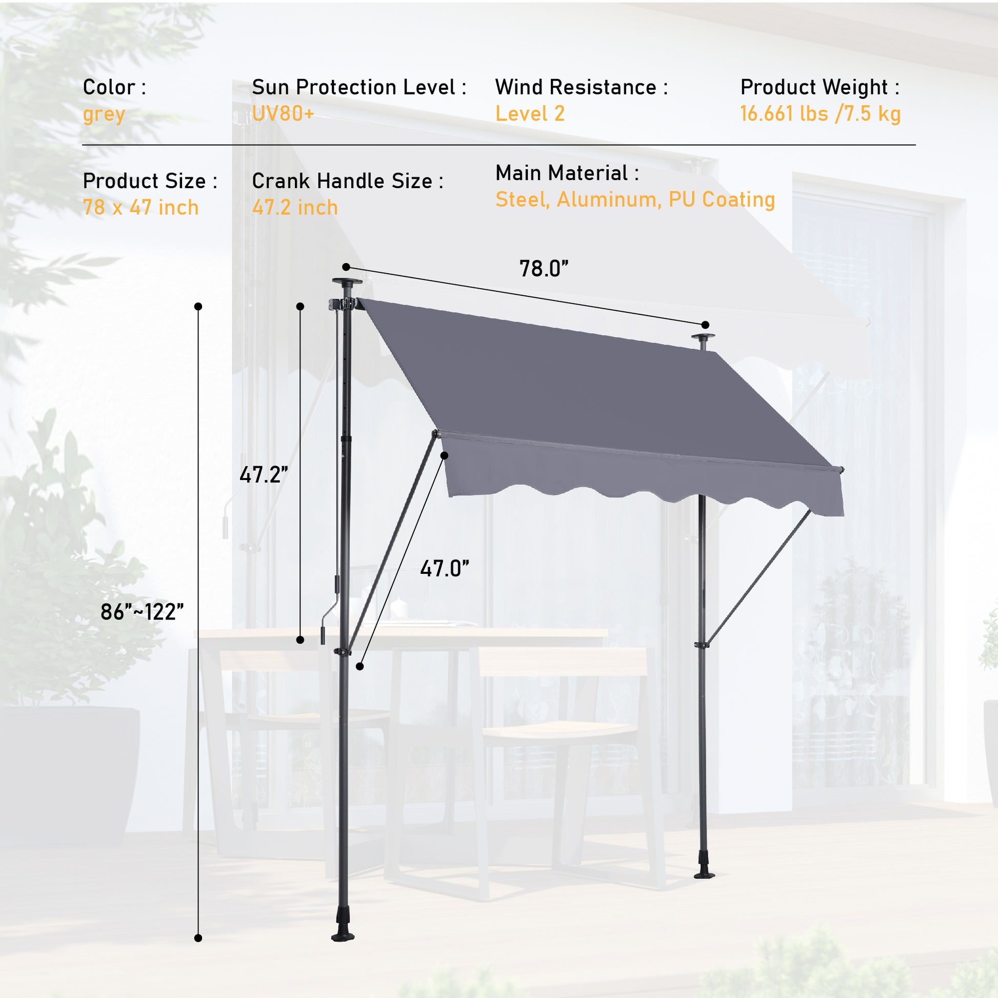 Manual Retractable Awning 78'' Non Screw Outdoor Sun Shade Cover With Uv Protection 100% Polyester Made Outdoor Canopy Adjustable Patio Door Window Awning Canopy Sun Shade Curtain For Backyard,Gary Grey Rectangular Manual Uv Resistant Canopies Metal