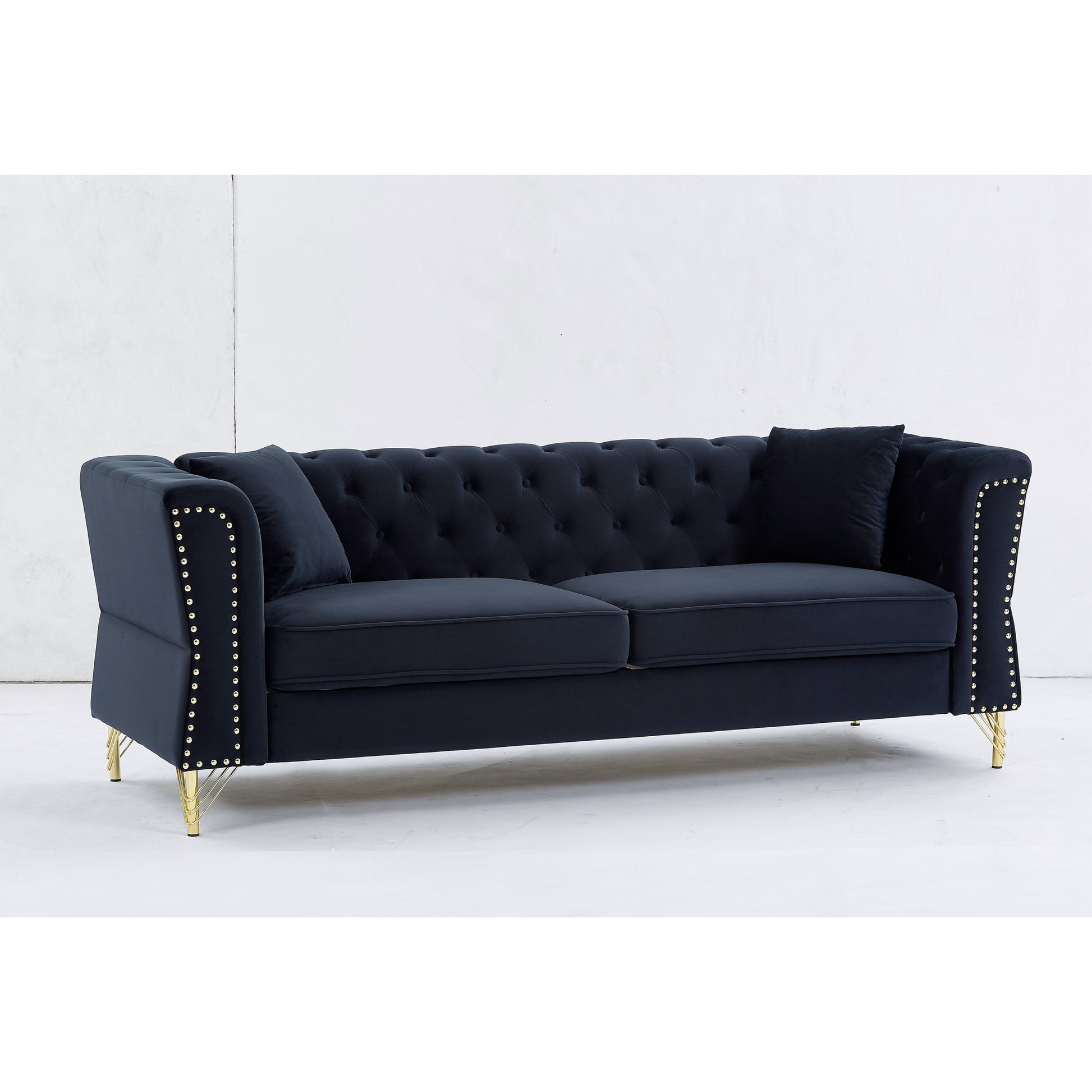 81.8" Chesterfield Sofa Grey Velvet For Living Room, 3 Seater Sofa Tufted Couch With Metal Foot And For Living Room, Bedroom, Office, Apartment, Two Pillows Black Foam Velvet