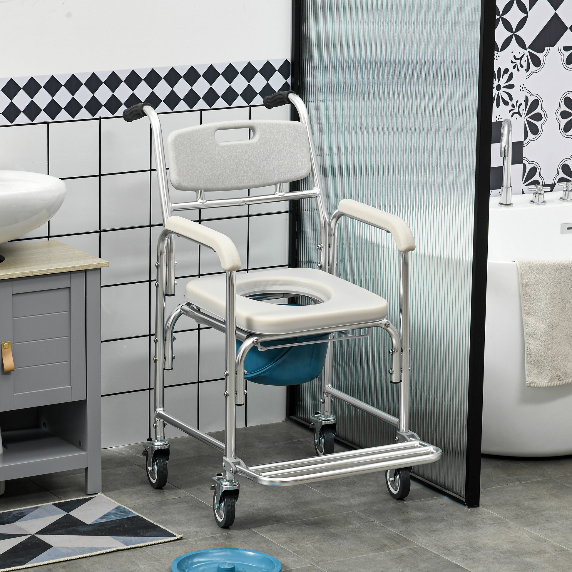 Homcom 3 In 1 Shower Commode Wheelchair, Transport Beside Commode Chair, Waterproof Rolling Over Toilet Chair 330 Lbs. Weight Capacity With Padded Seat, Gray Gray Aluminum