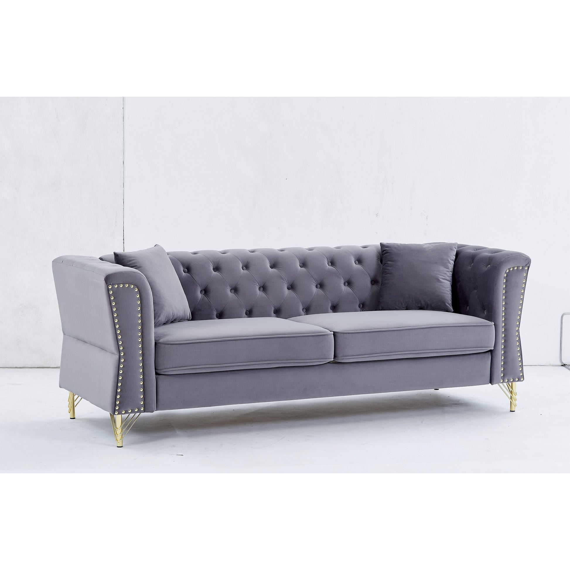3 Seater 3 Seater Combination Sofa Tufted Couch With Rolled Arms And For Living Room, Bedroom, Office, Apartment, Four Pillows Grey Foam Velvet