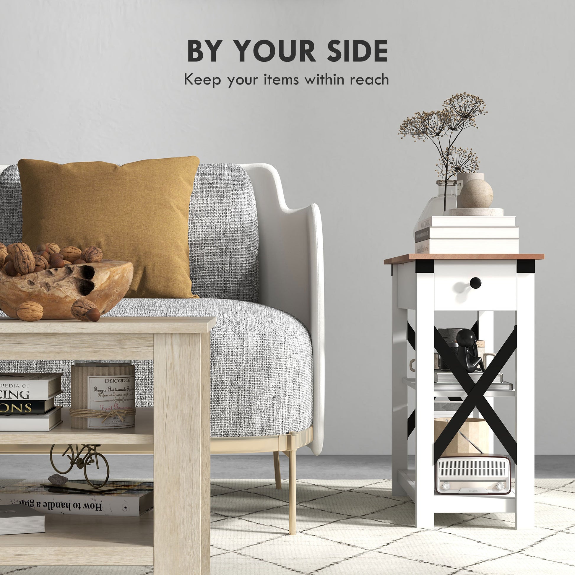 Homcom Side Table With Charging Station, End Table With 2 Usb Ports And 1 Outlet, Storage Shelves For Living Room, White White Mdf