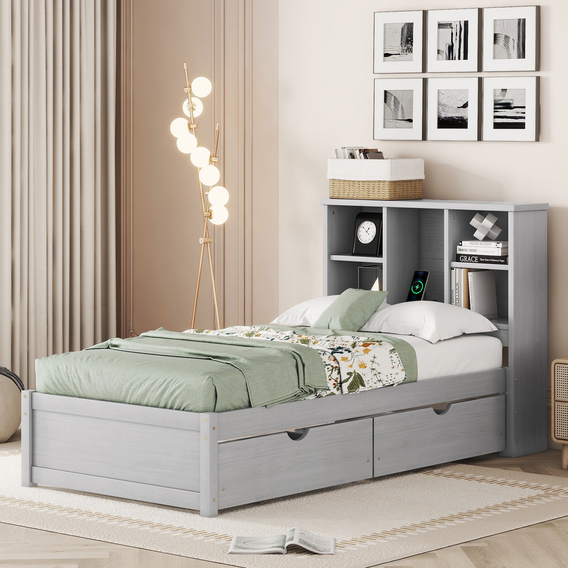 Modern Twin Size Bed Frame With Built In Usb Port On Bookcase Headboard And 2 Drawers For Grey Color Box Spring Not Required Twin Grey Bedroom Bed Frame Particle Board