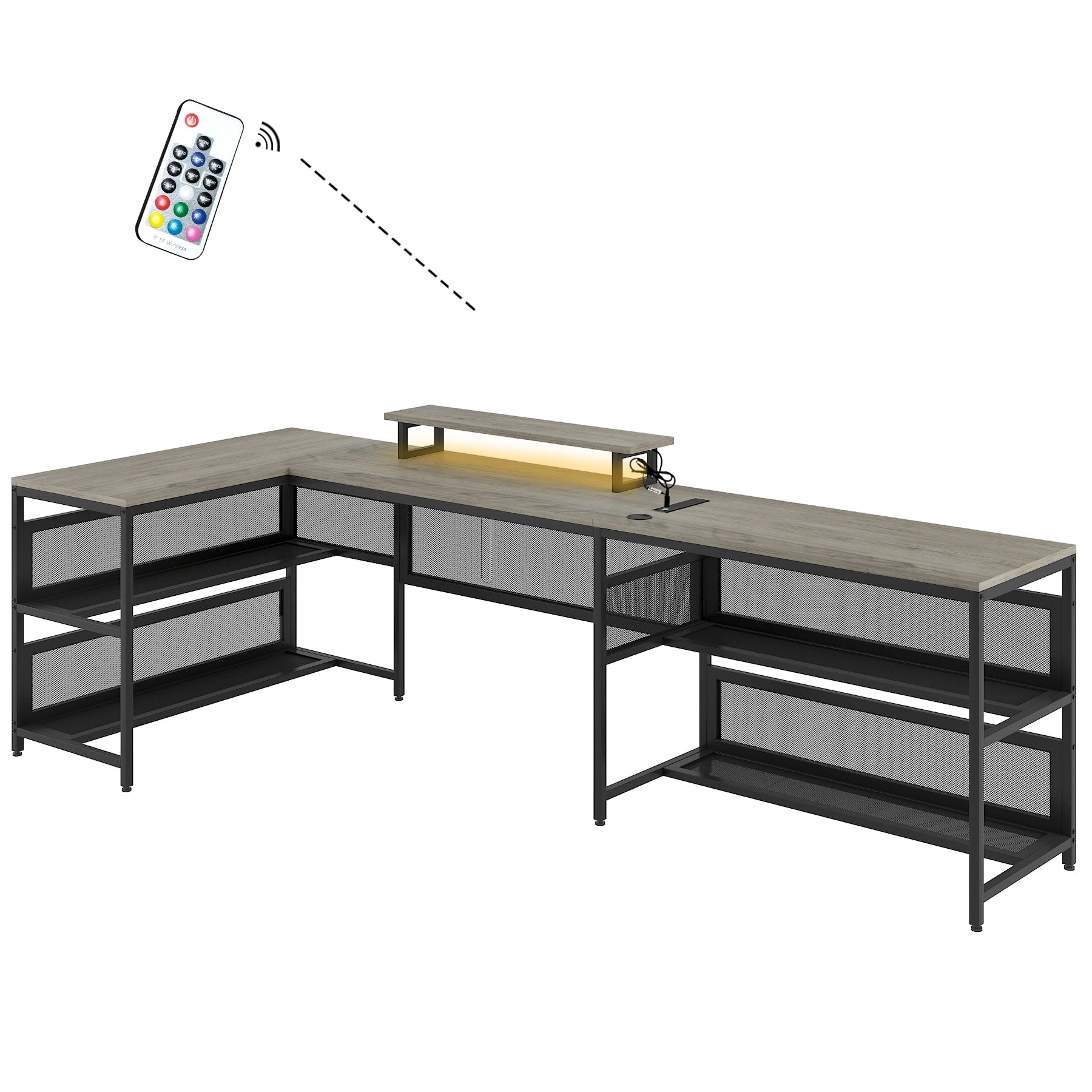 U Shaped Desk With Shelve And Led Lights Gray Mdf