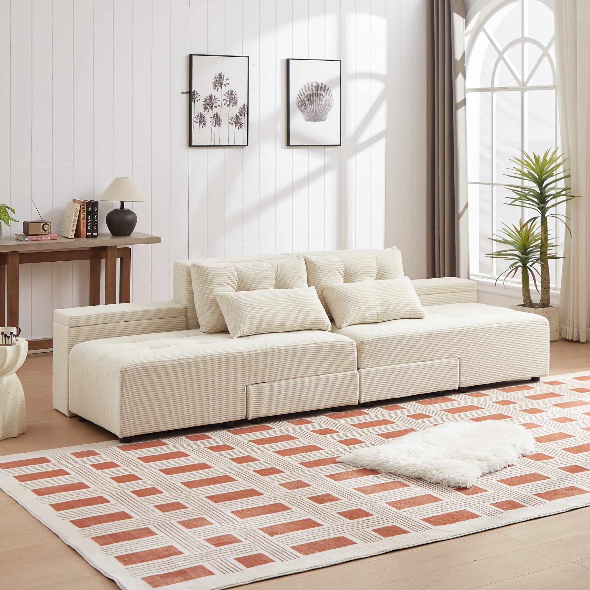 Convertible 3 In 1 Sleeper Sofa And Sectional Sofa With 4 Storage Space For Living Room,Corduroy Couch With 4 Pillows,Corduroy Beige Corduroy 3 Seat