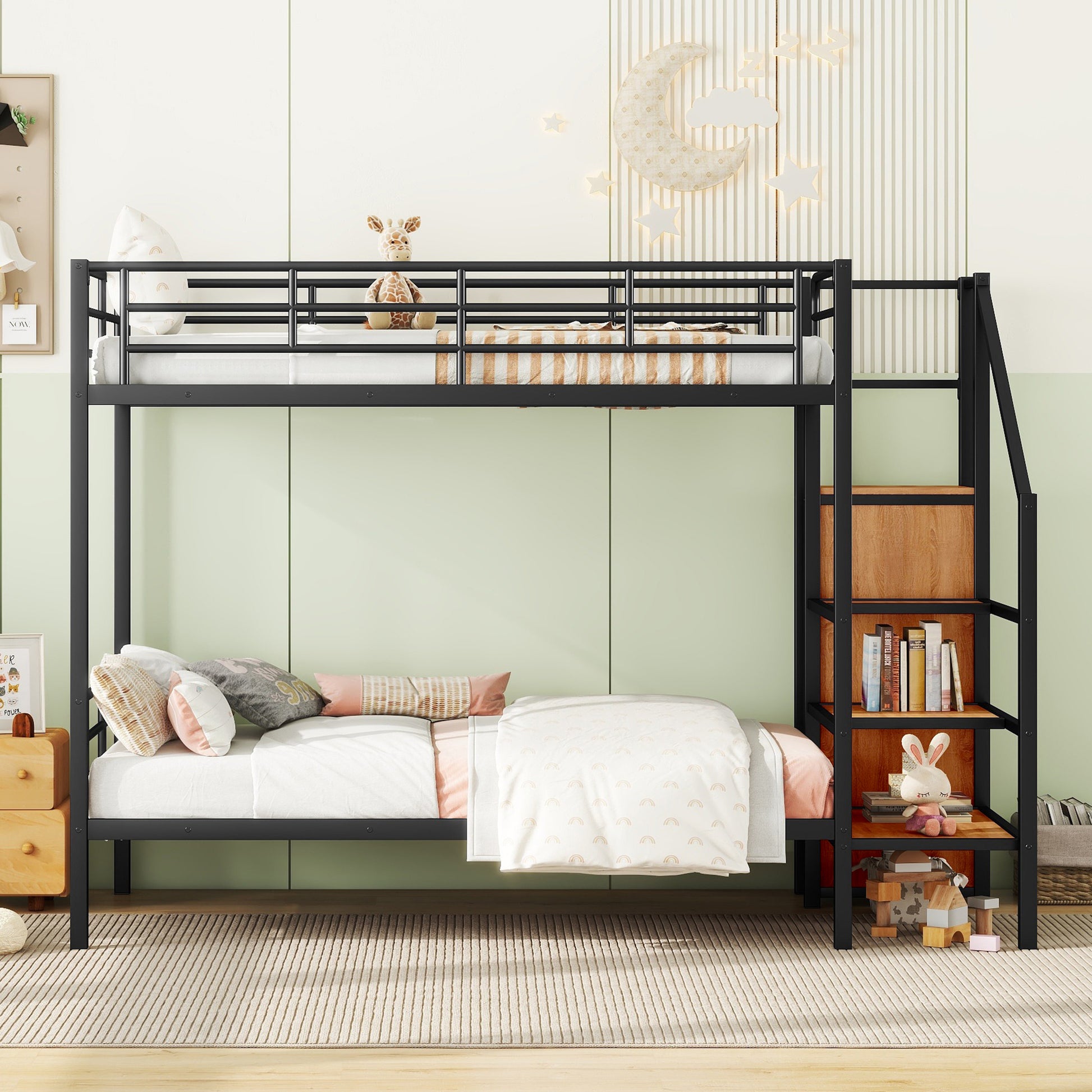 Twin Over Twin Metal Bunk Bed With Lateral Storage Ladder And Wardrobe, Black Black Iron