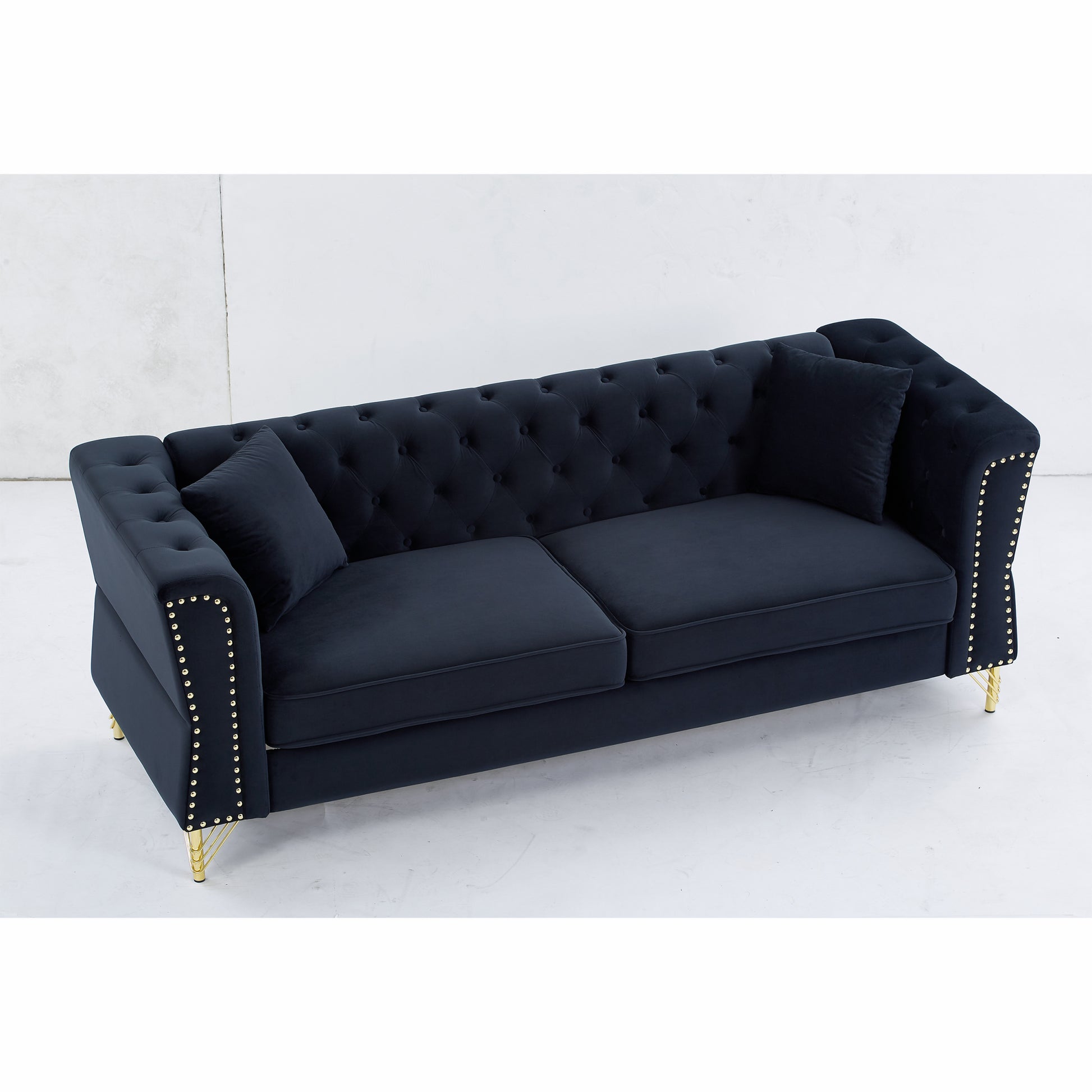 81.8" Chesterfield Sofa Grey Velvet For Living Room, 3 Seater Sofa Tufted Couch With Metal Foot And For Living Room, Bedroom, Office, Apartment, Two Pillows Black Foam Velvet