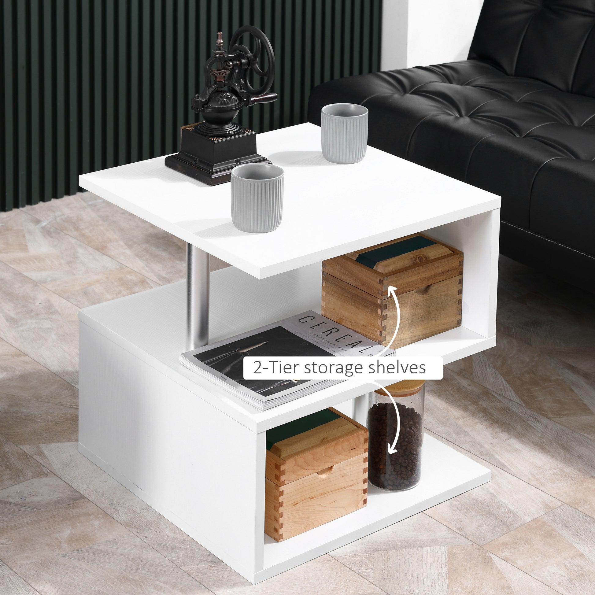 Homcom 20" Modern End Table, Accent Side Table, S Shaped Coffee Table With Storage Shelf And Steel Poles, White White Particle Board