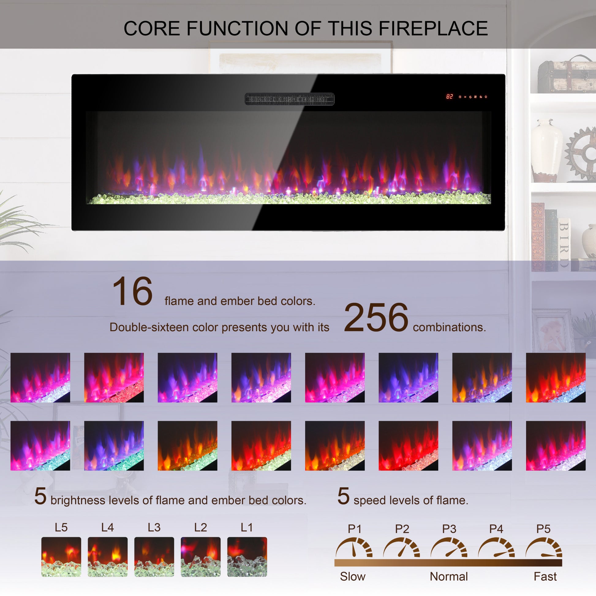 60 Inch Electric Fireplace, Recessed And Wall Mounted Fireplace Powder Coated Electric Antique Black Vent Free Yes Tempered Glass Sheet Metal Plastic Electric