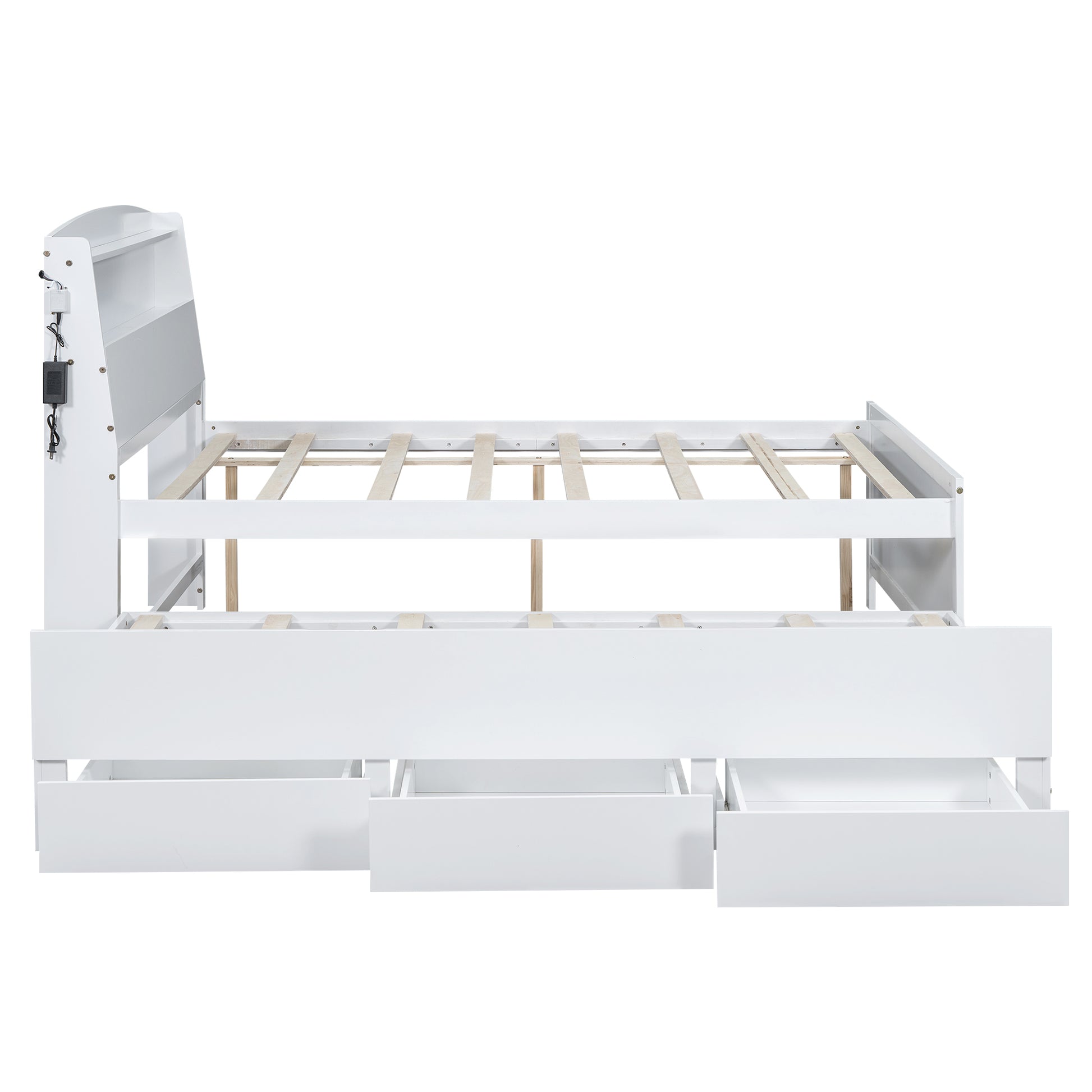 Full Size Platform Bed With Storage Led Headboard, Twin Size Trundle And 3 Drawers, White Box Spring Not Required Full White Bedroom Bed Frame Solid Wood Mdf
