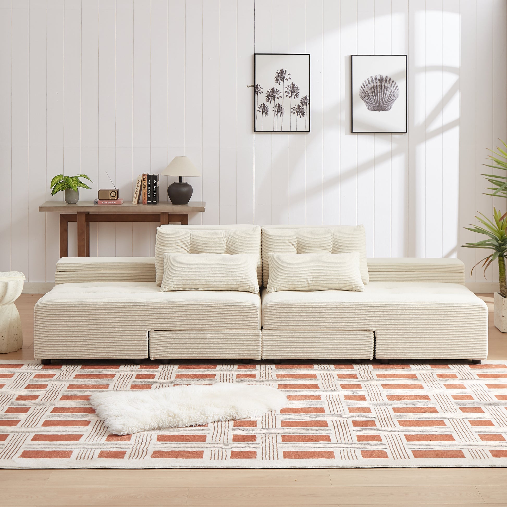 Convertible 3 In 1 Sleeper Sofa And Sectional Sofa With 4 Storage Space For Living Room,Corduroy Couch With 4 Pillows,Corduroy Beige Corduroy 3 Seat