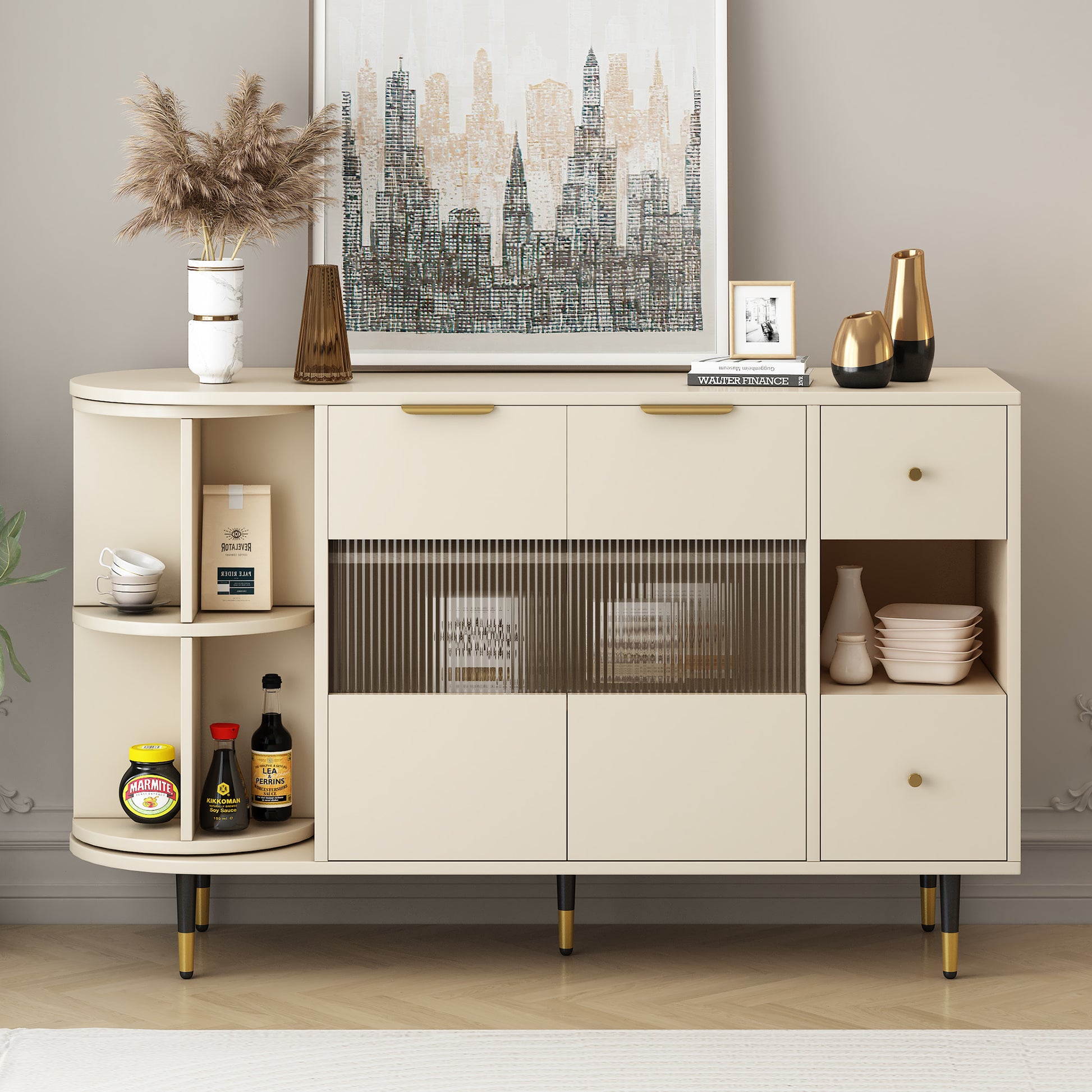 Rotating Storage Cabinet With 2 Doors And 2 Drawers, Suitable For Living Room, Study, And Balcony 1 2 Shelves Beige Mdf