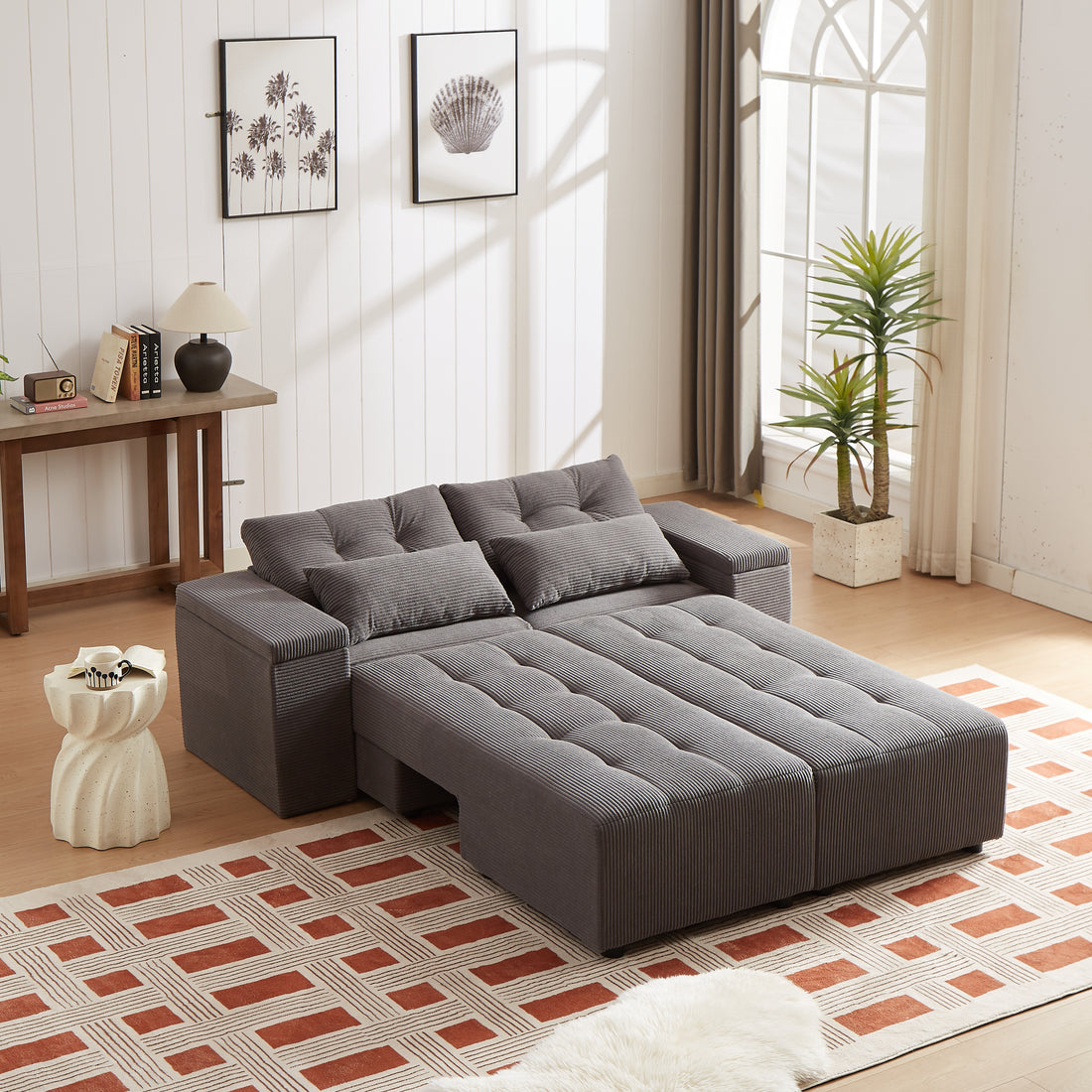 Convertible 3 In 1 Sleeper Sofa And Sectional Sofa With 4 Storage Space For Living Room,Corduroy Couch With 4 Pillows,Corduroy Grey Corduroy 3 Seat