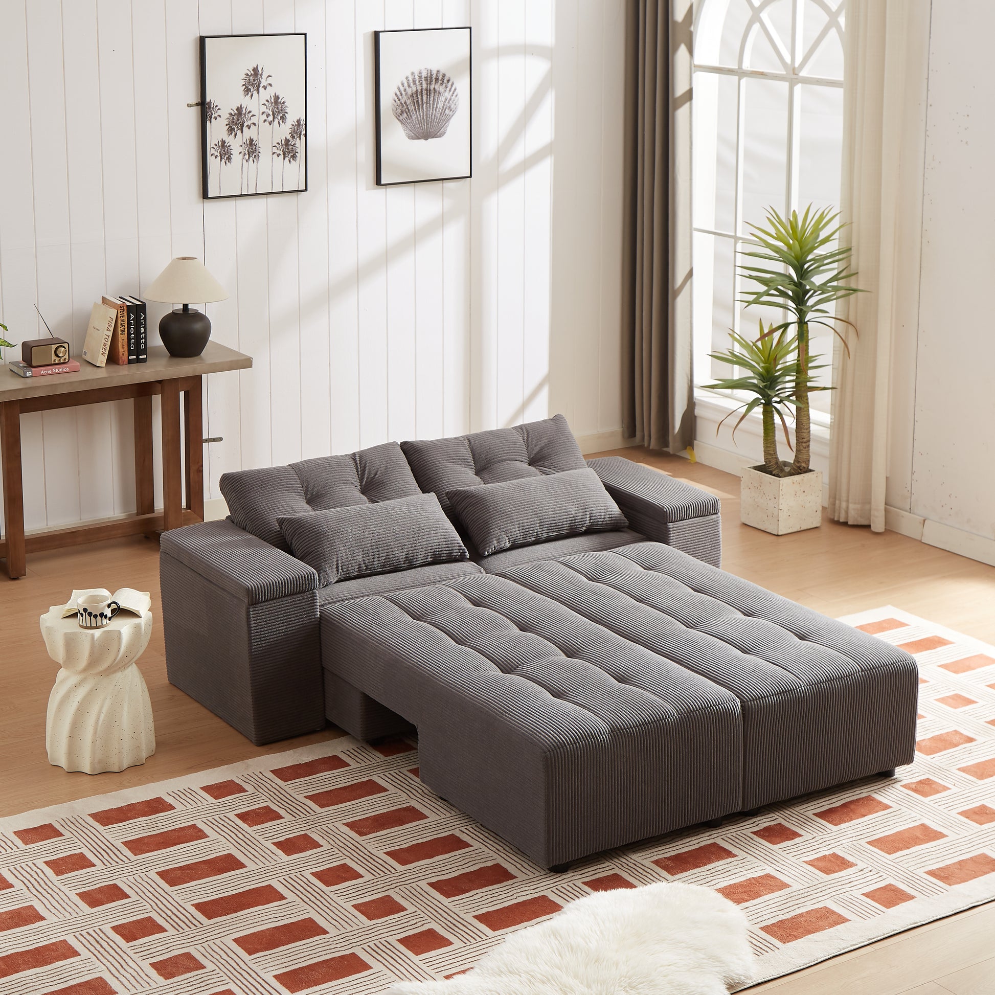 Convertible 3 In 1 Sleeper Sofa And Sectional Sofa With 4 Storage Space For Living Room,Corduroy Couch With 4 Pillows,Corduroy Grey Corduroy 3 Seat