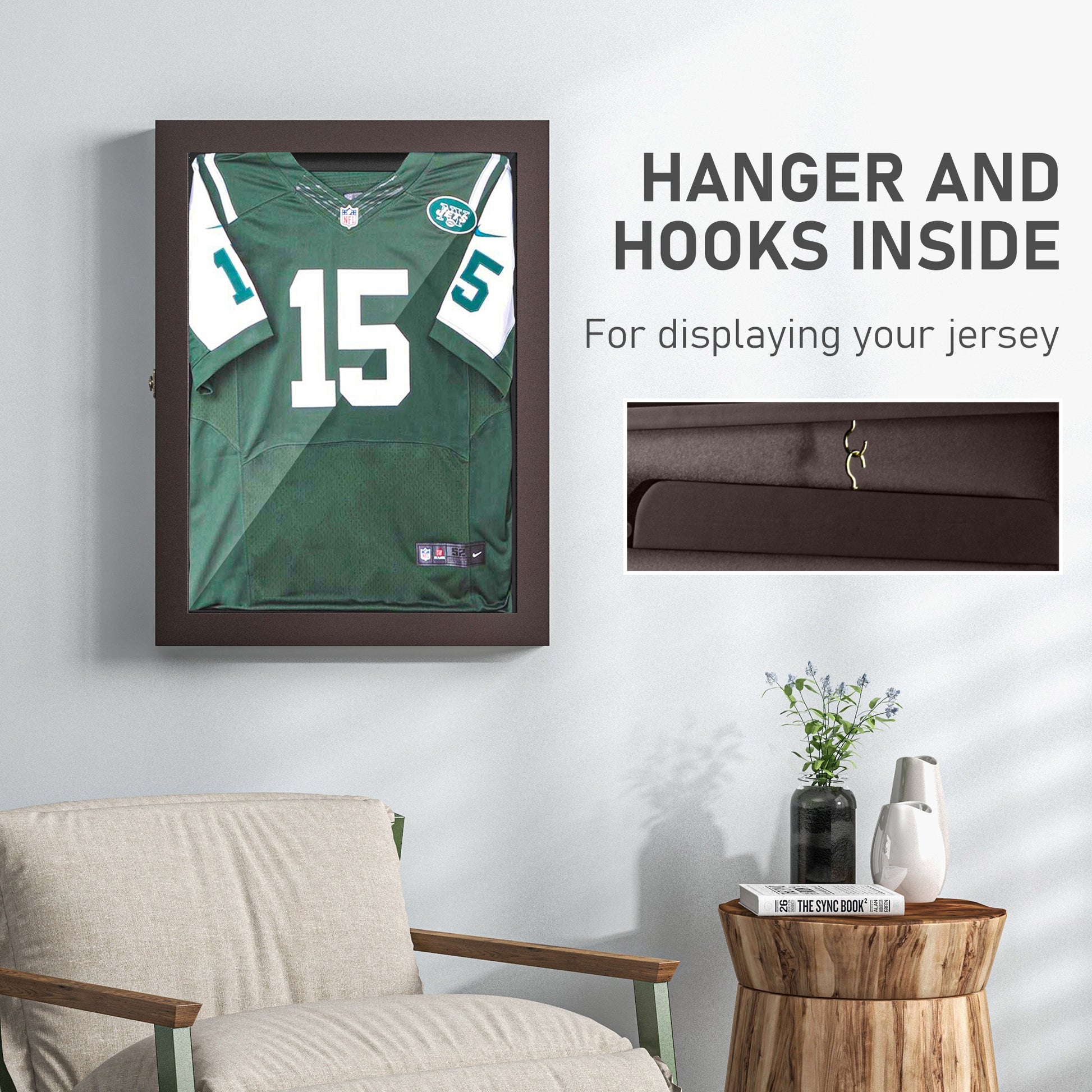 Homcom 24" X 32" Jersey Display Case, Wall Mounted Memorabilia Acrylic Shadow Box With Hanger, Brown Brown Mdf