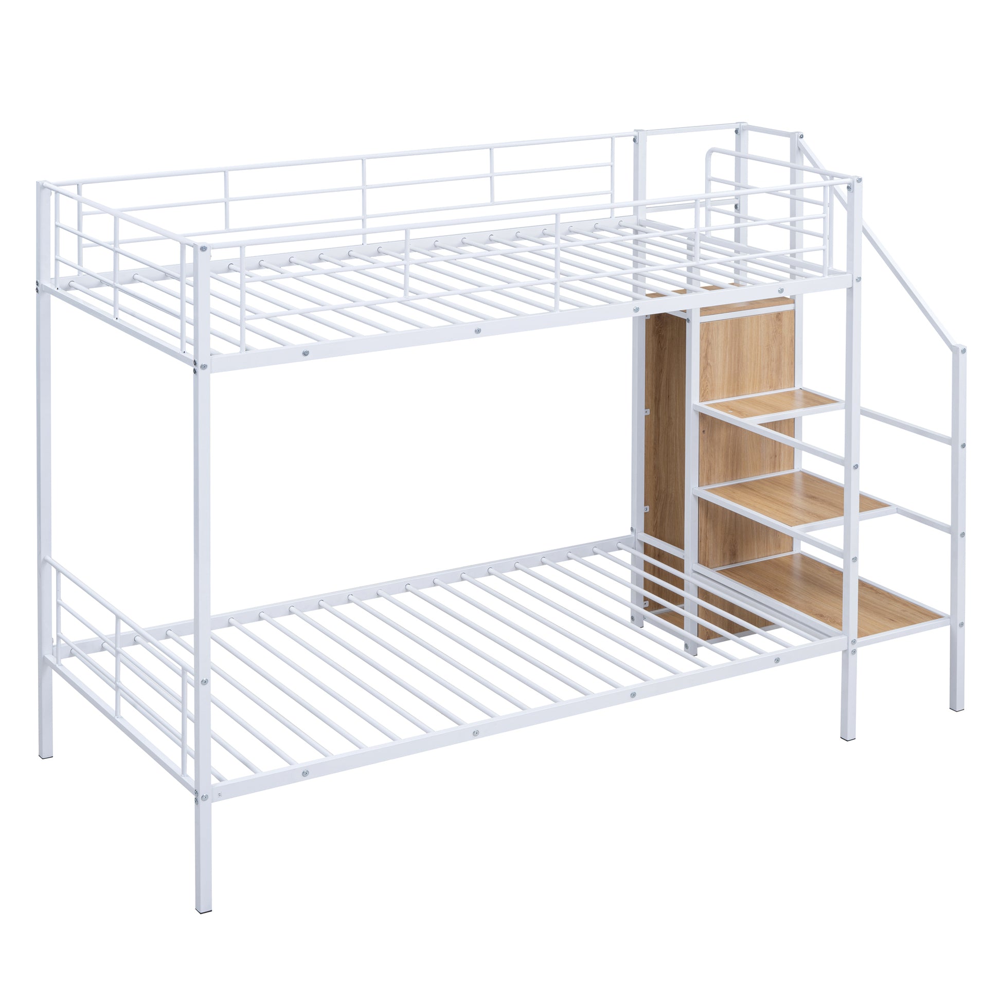 Twin Over Twin Metal Bunk Bed With Lateral Storage Ladder And Wardrobe, White White Iron