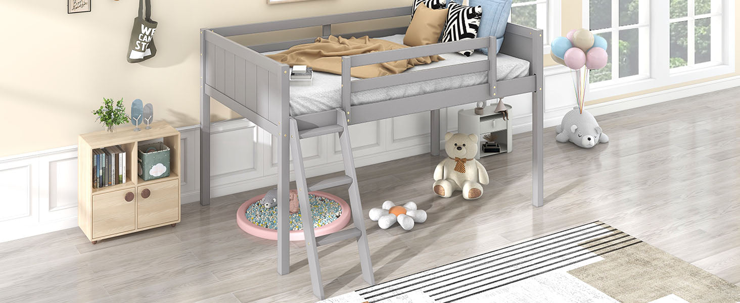 Twin Size Wood Low Loft Bed With Ladder, Ladder Can Be Placed On The Left Or Right, Gray Box Spring Not Required Twin Gray Wood Bedroom Solid Wood Mdf